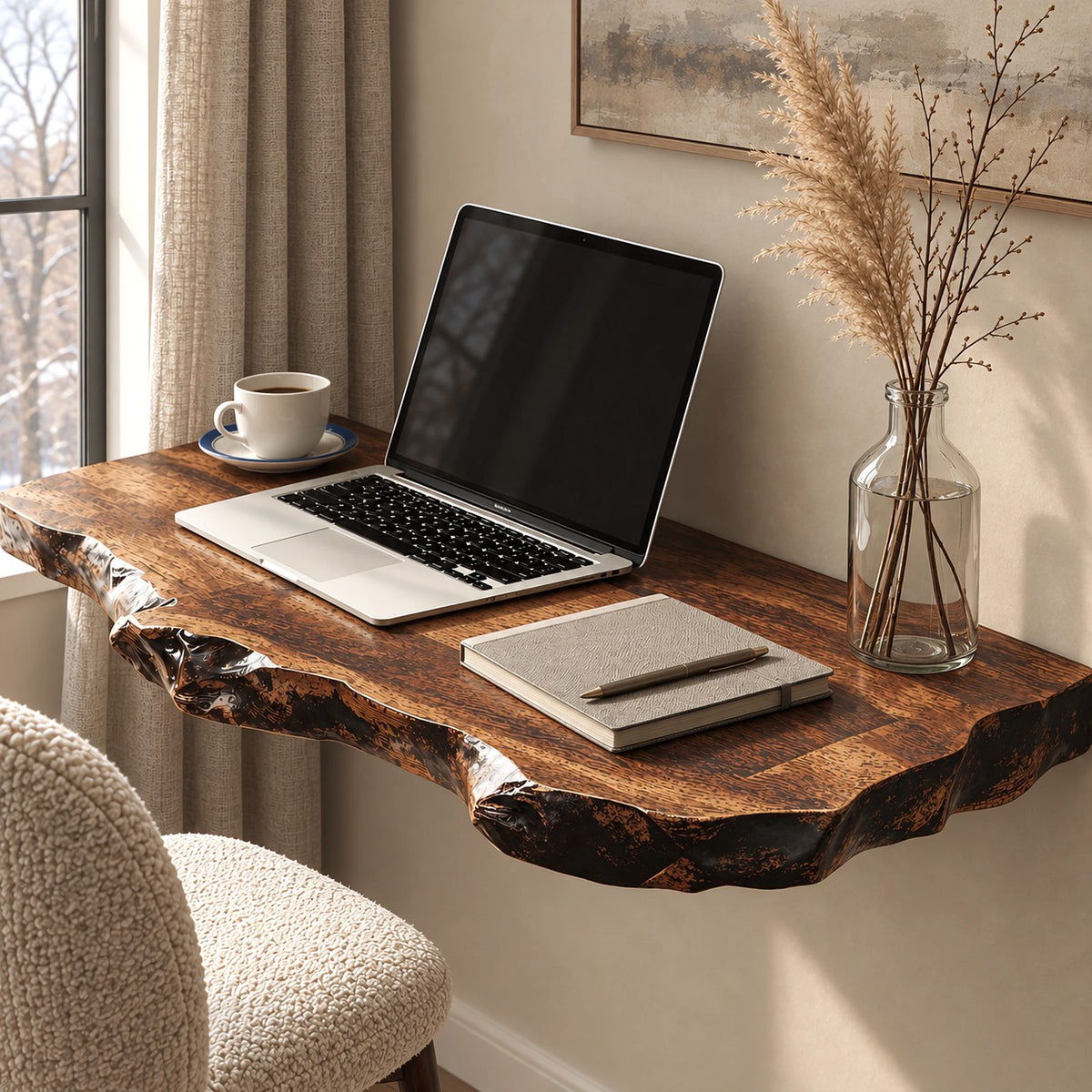 Lodge Style Thick Slab Wall Mounted Desk With Rugged Edge For Living Room