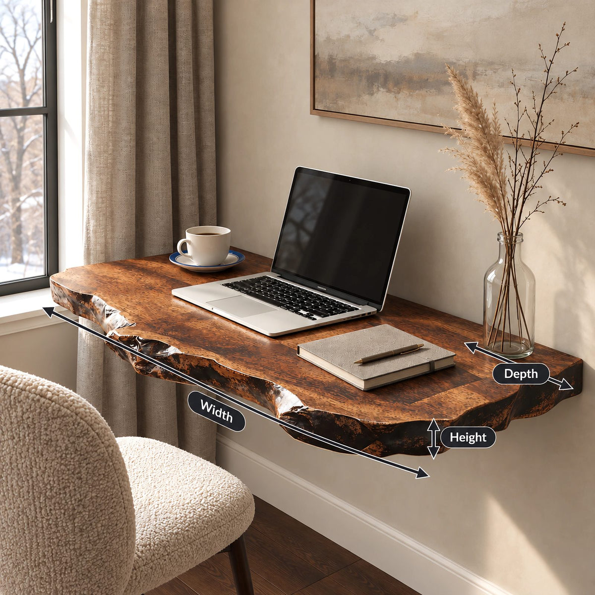 Lodge Style Thick Slab Wall Mounted Desk With Rugged Edge For Living Room