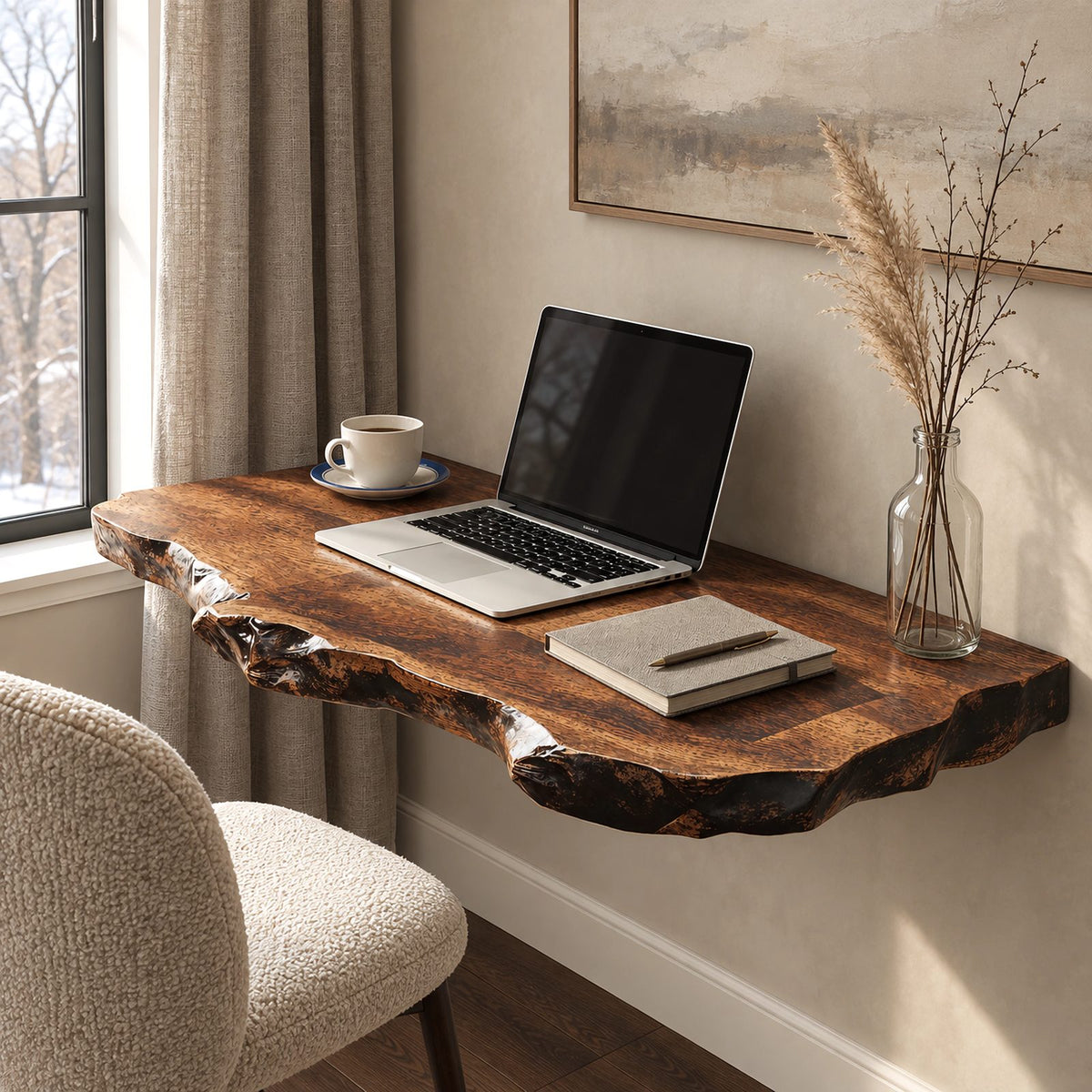 Lodge Style Thick Slab Wall Mounted Desk With Rugged Edge For Living Room