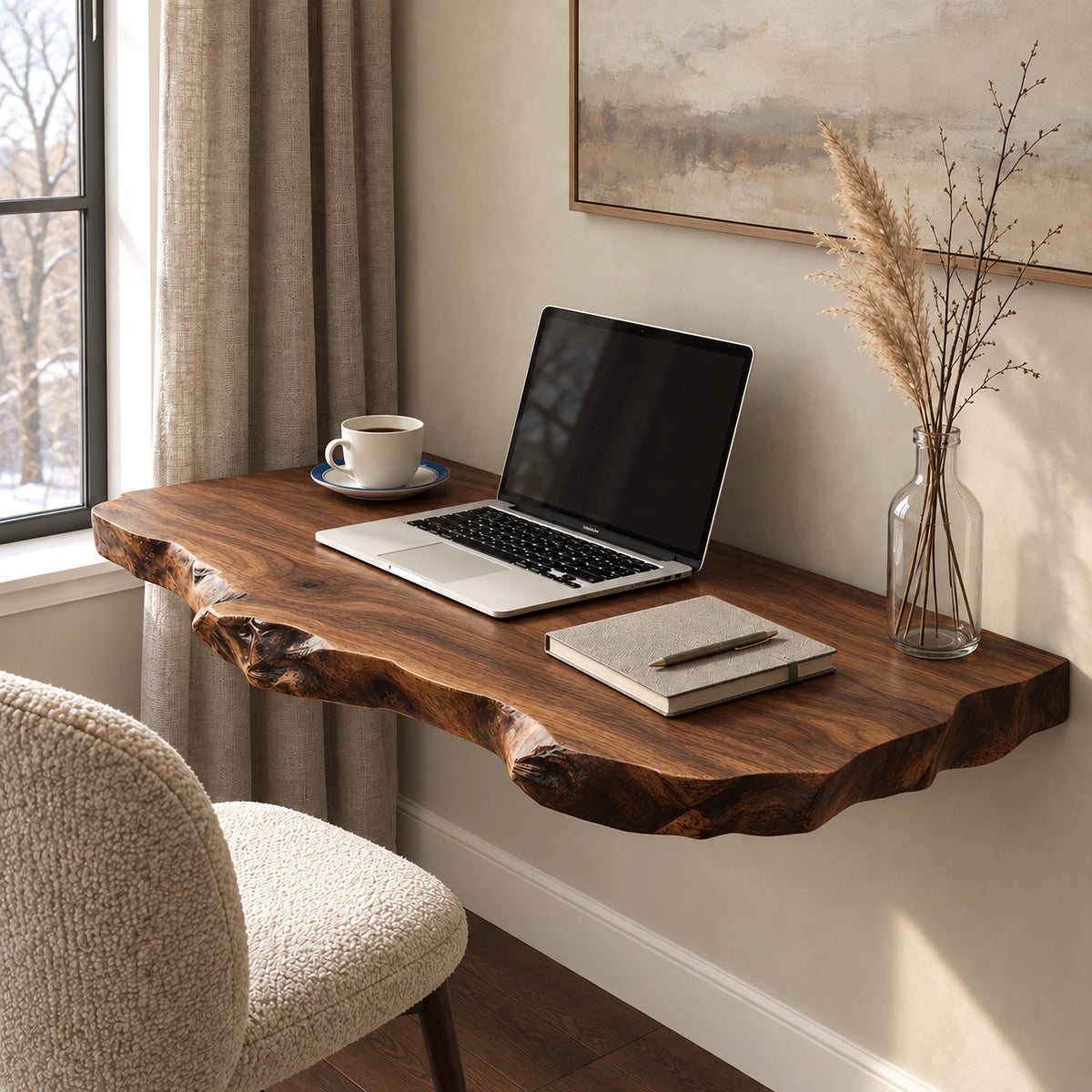 Lodge Style Thick Slab Wall Mounted Desk With Rugged Edge For Living Room