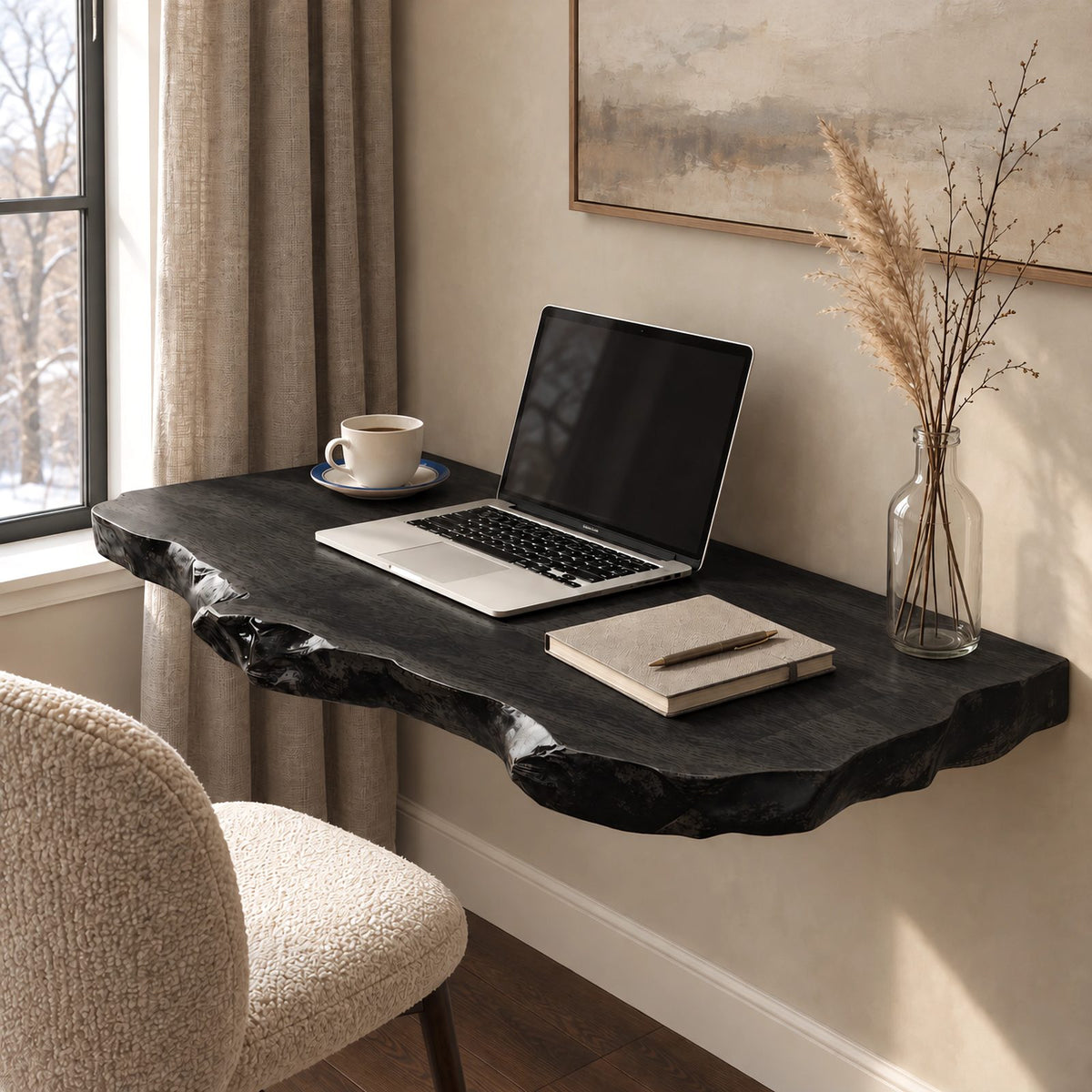 Lodge Style Thick Slab Wall Mounted Desk With Rugged Edge For Living Room