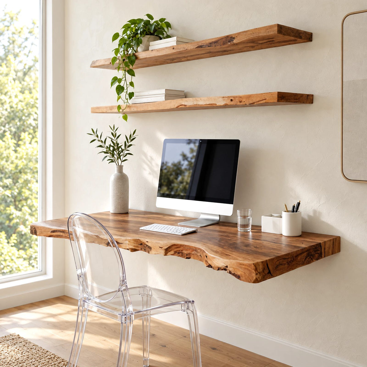 Scandinavian Live Edge Wall Mounted Desk With Deep Worktop For Home Office