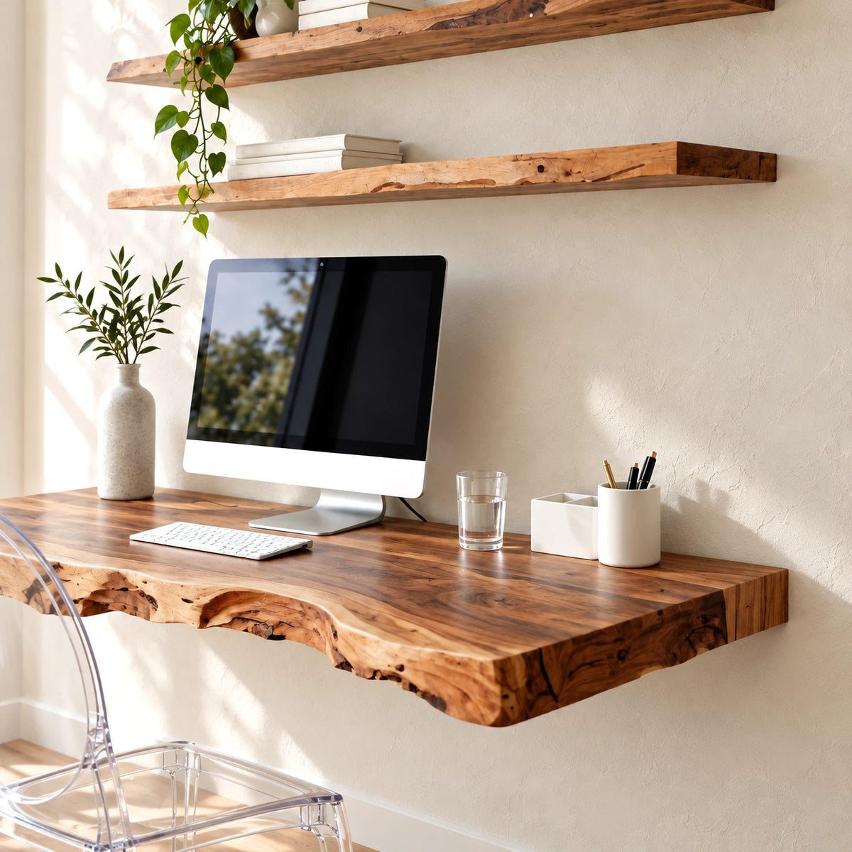 Scandinavian Live Edge Wall Mounted Desk With Deep Worktop For Home Office