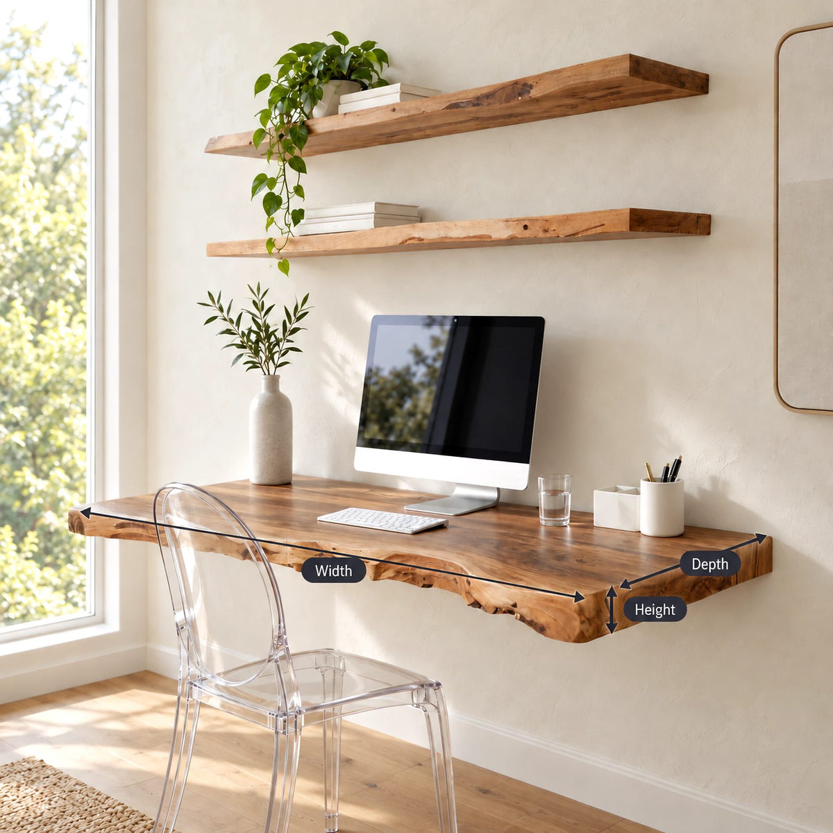 Scandinavian Live Edge Wall Mounted Desk With Deep Worktop For Home Office