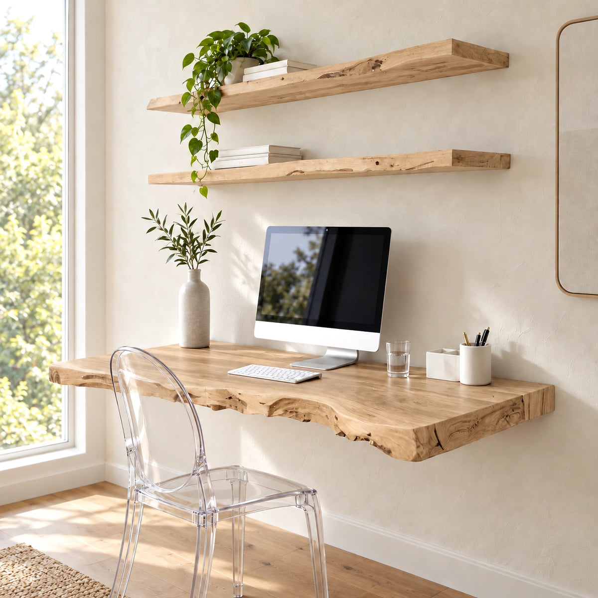 Scandinavian Live Edge Wall Mounted Desk With Deep Worktop For Home Office