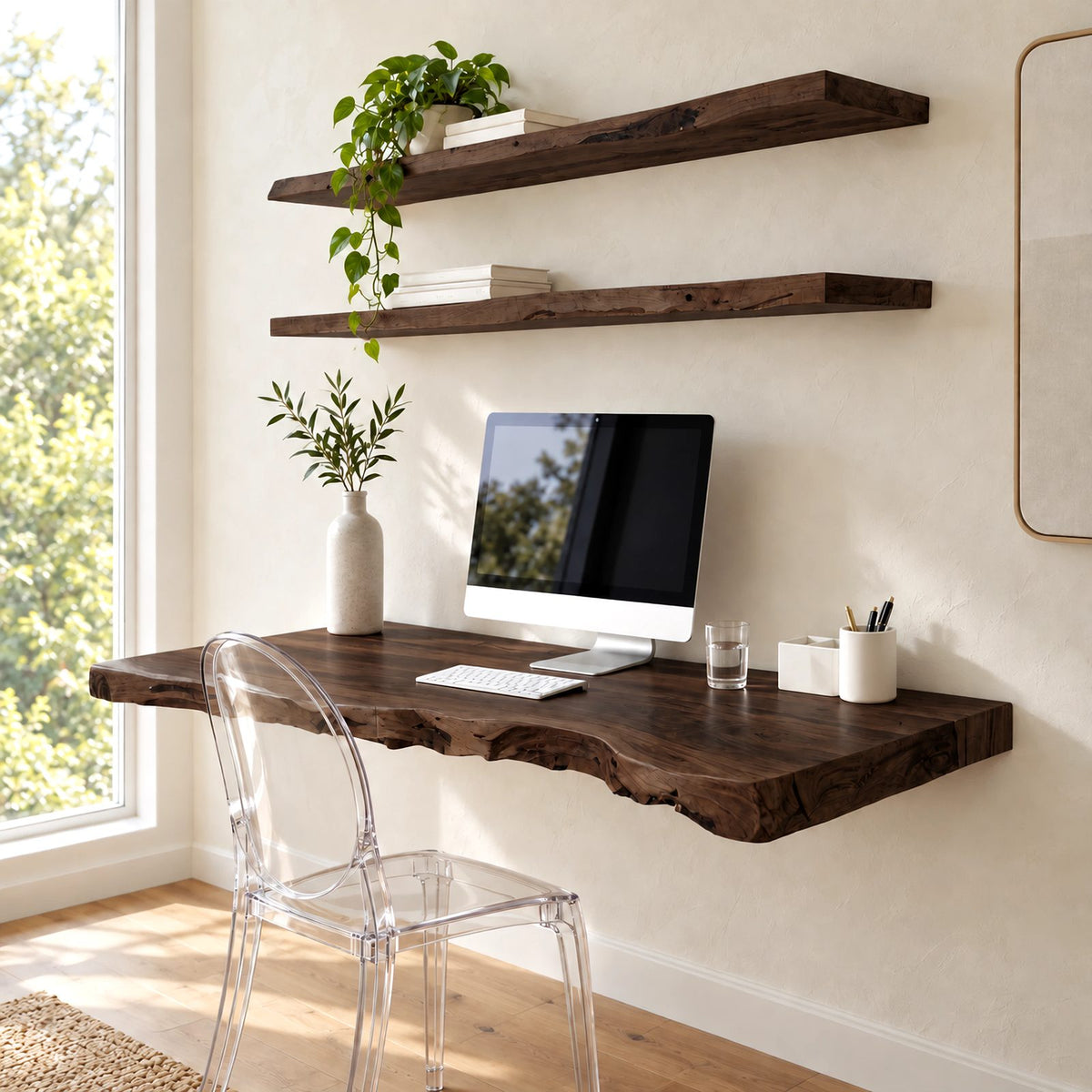 Scandinavian Live Edge Wall Mounted Desk With Deep Worktop For Home Office