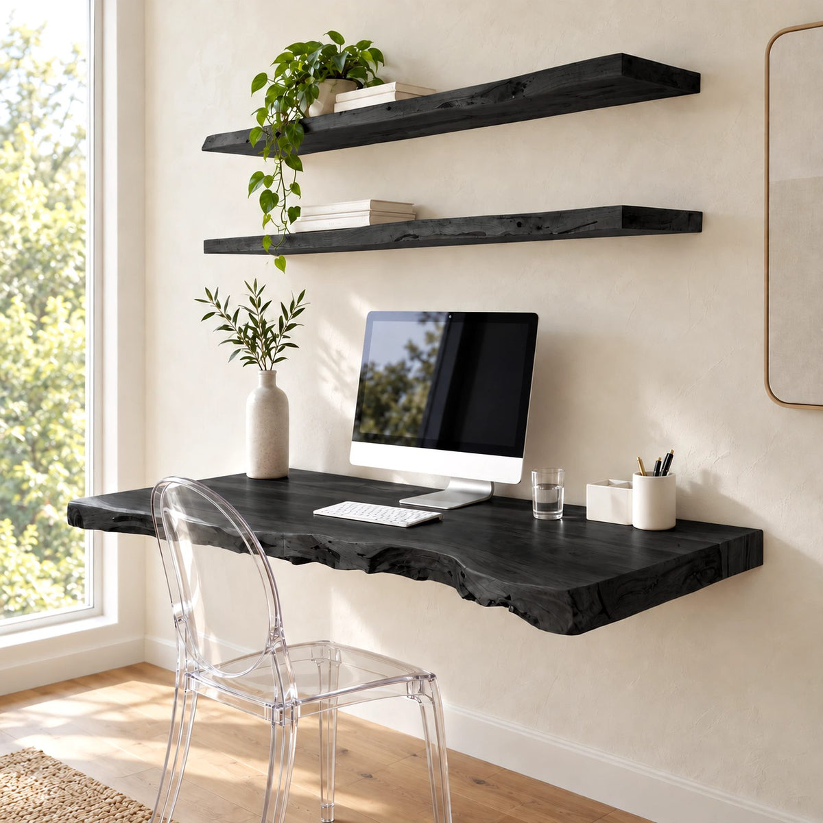 Scandinavian Live Edge Wall Mounted Desk With Deep Worktop For Home Office