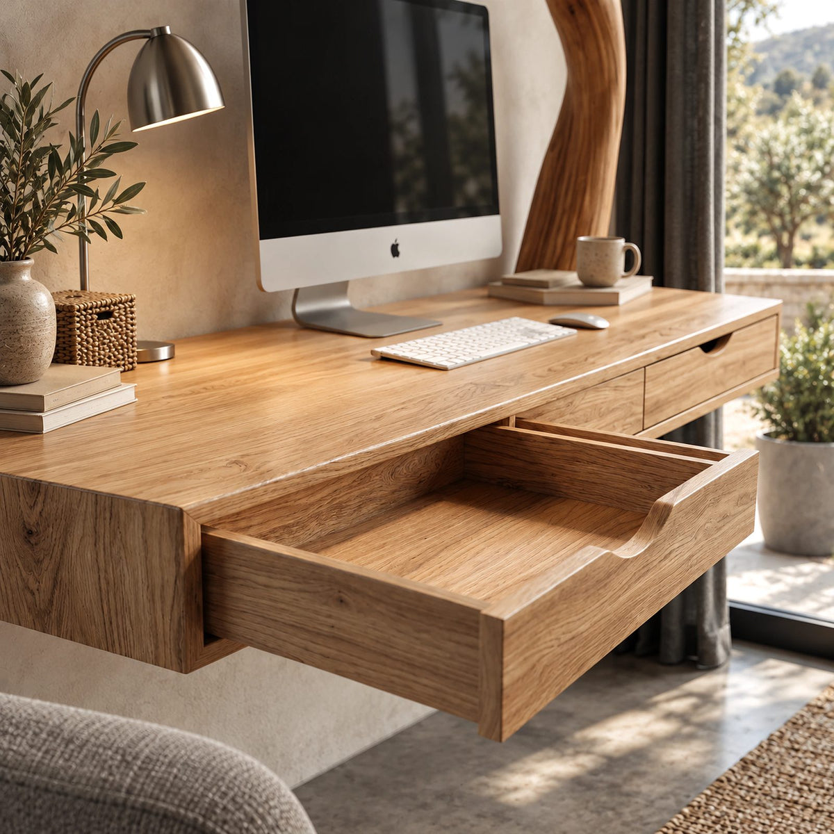 Artistic Floating Desk With Drawers And Branch Shelves For Home Office