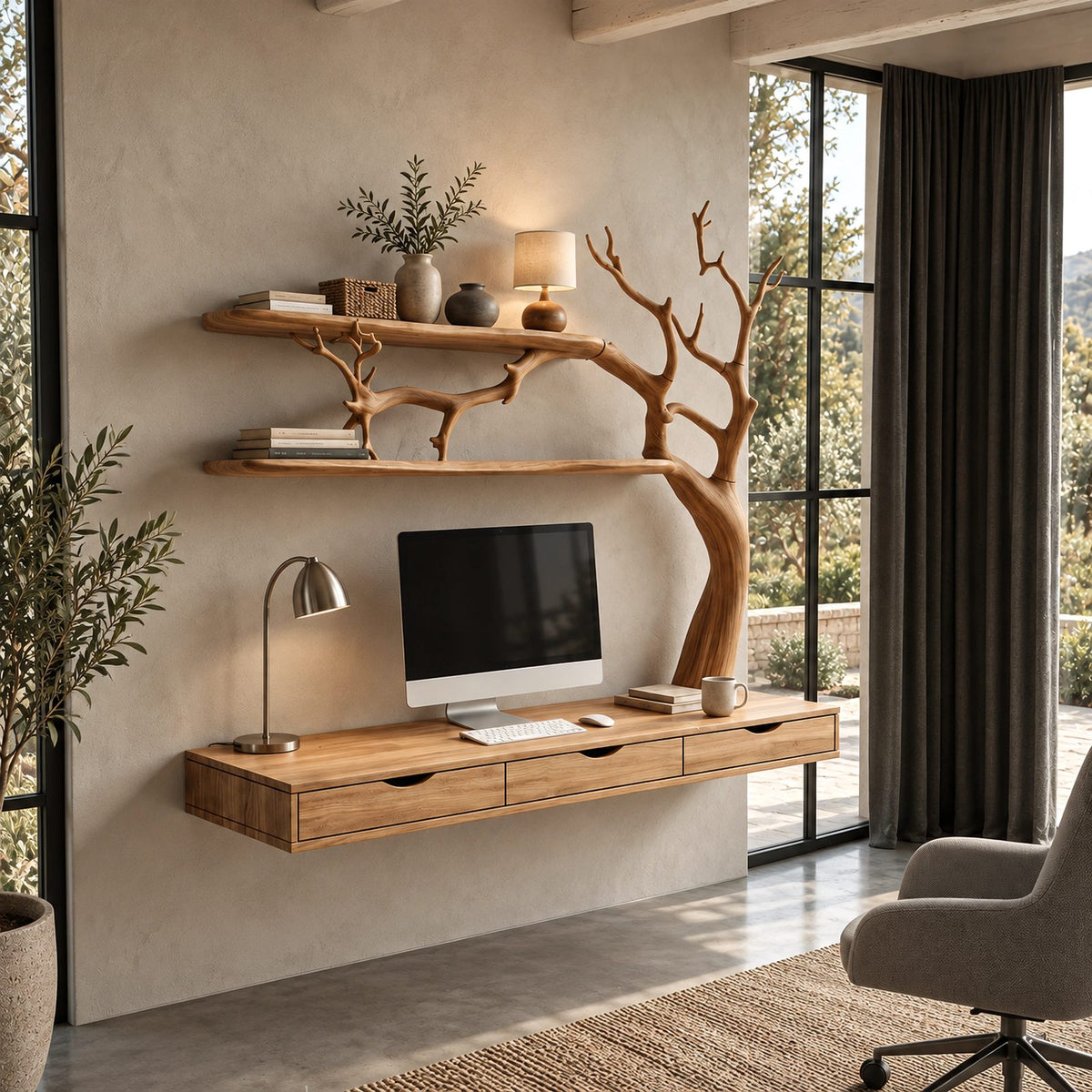 Artistic Floating Desk With Drawers And Branch Shelves For Home Office