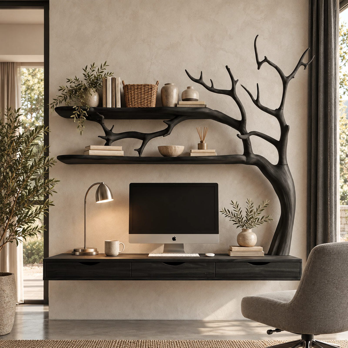 Artistic Floating Desk With Drawers And Branch Shelves For Home Office