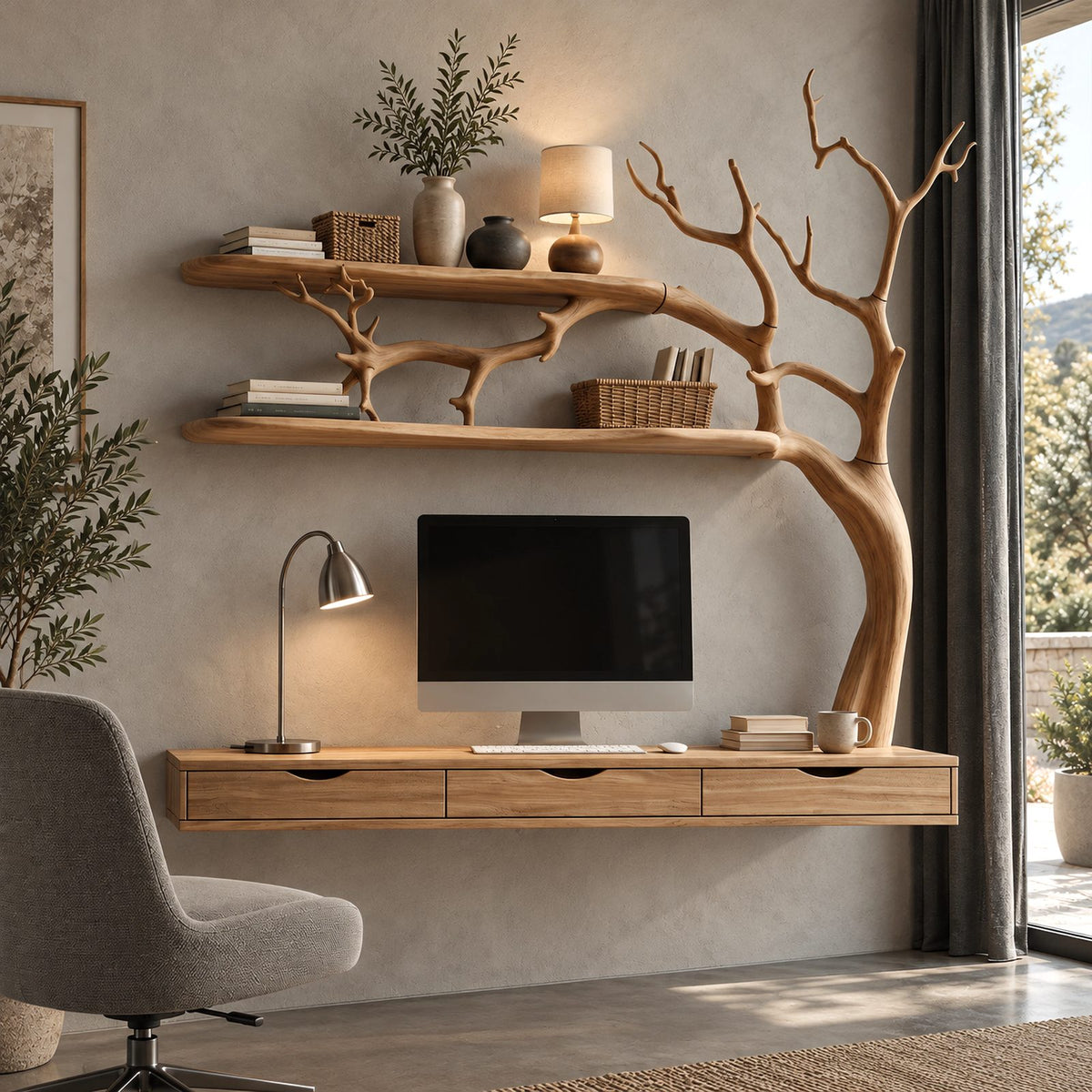 Artistic Floating Desk With Drawers And Branch Shelves For Home Office