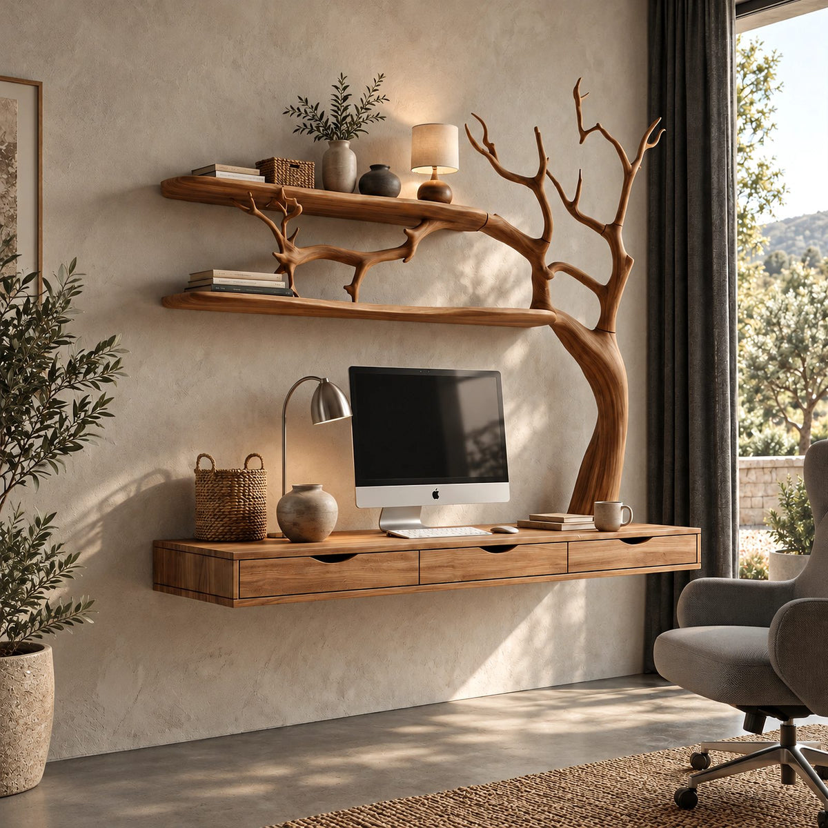 Artistic Floating Desk With Drawers And Branch Shelves For Home Office