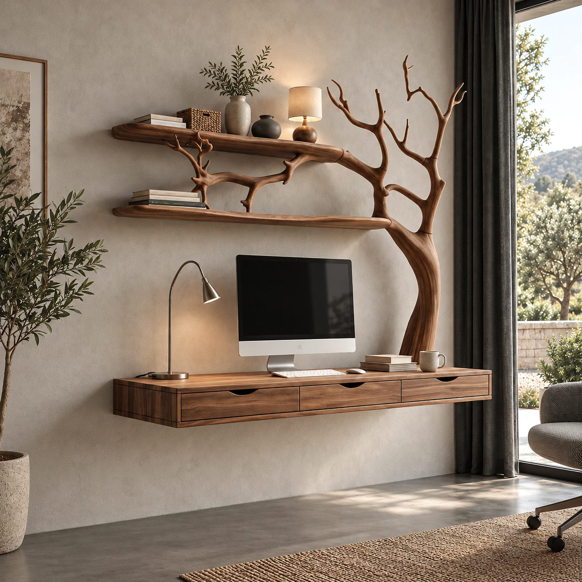Artistic Floating Desk With Drawers And Branch Shelves For Home Office