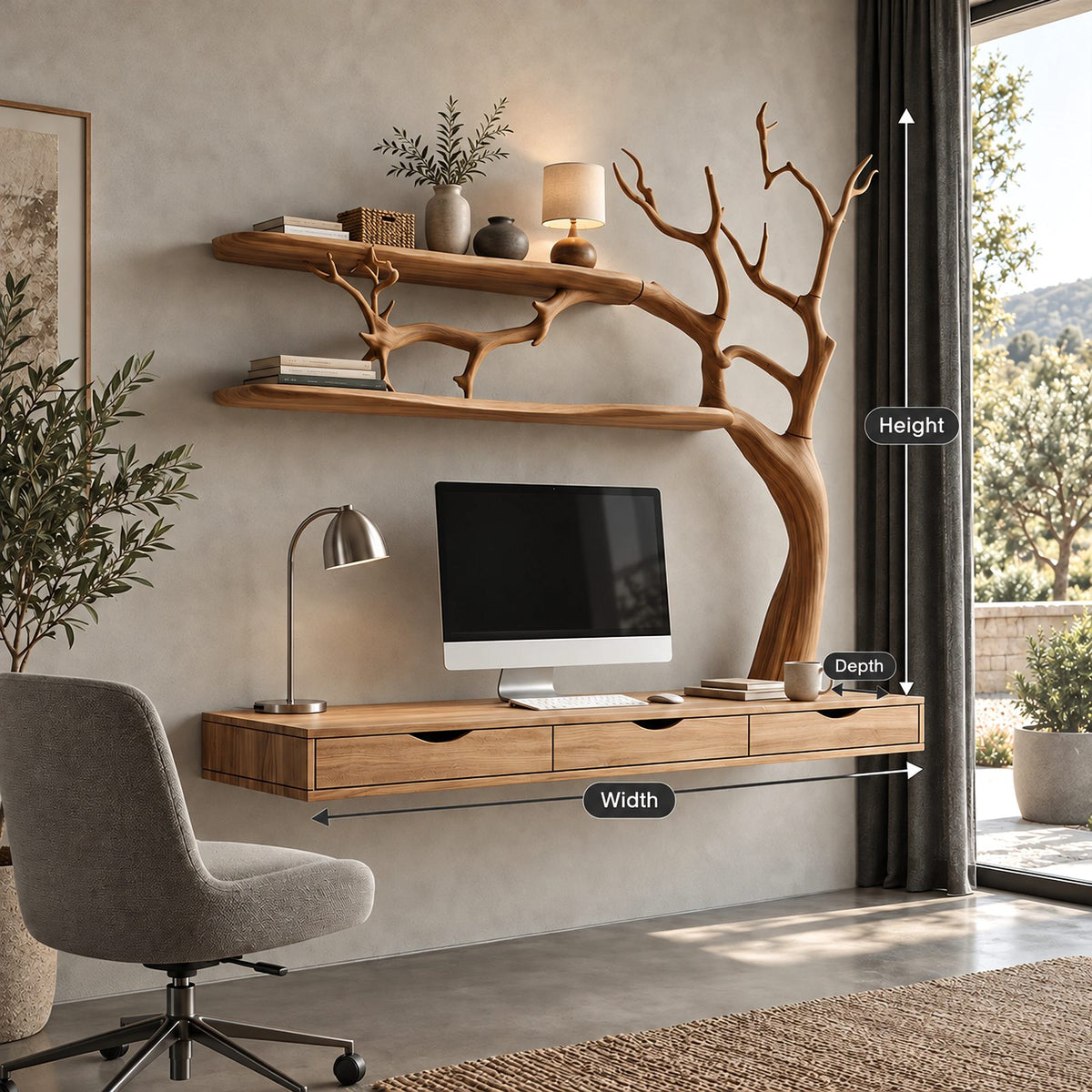 Artistic Floating Desk With Drawers And Branch Shelves For Home Office