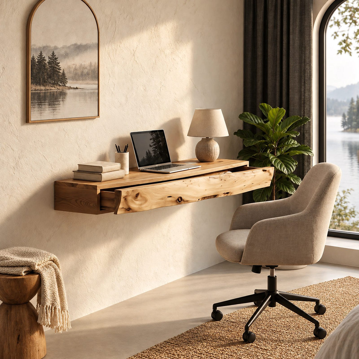 Mid Century Floating Desk With Live Edge Drawer Front For Home Office