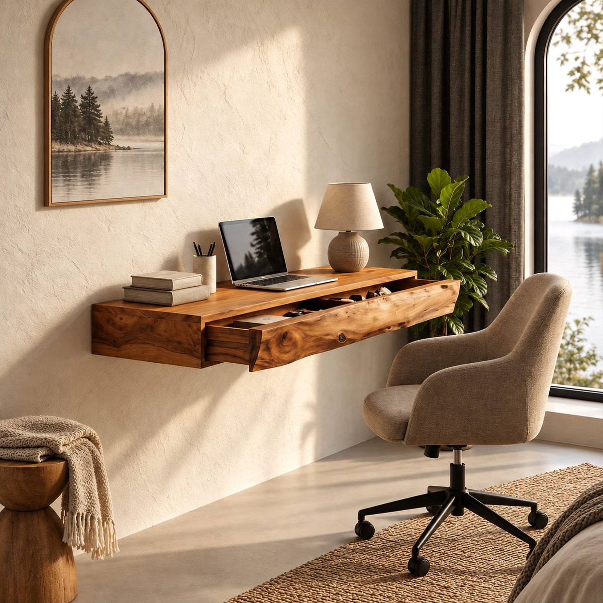 Mid Century Floating Desk With Live Edge Drawer Front For Home Office