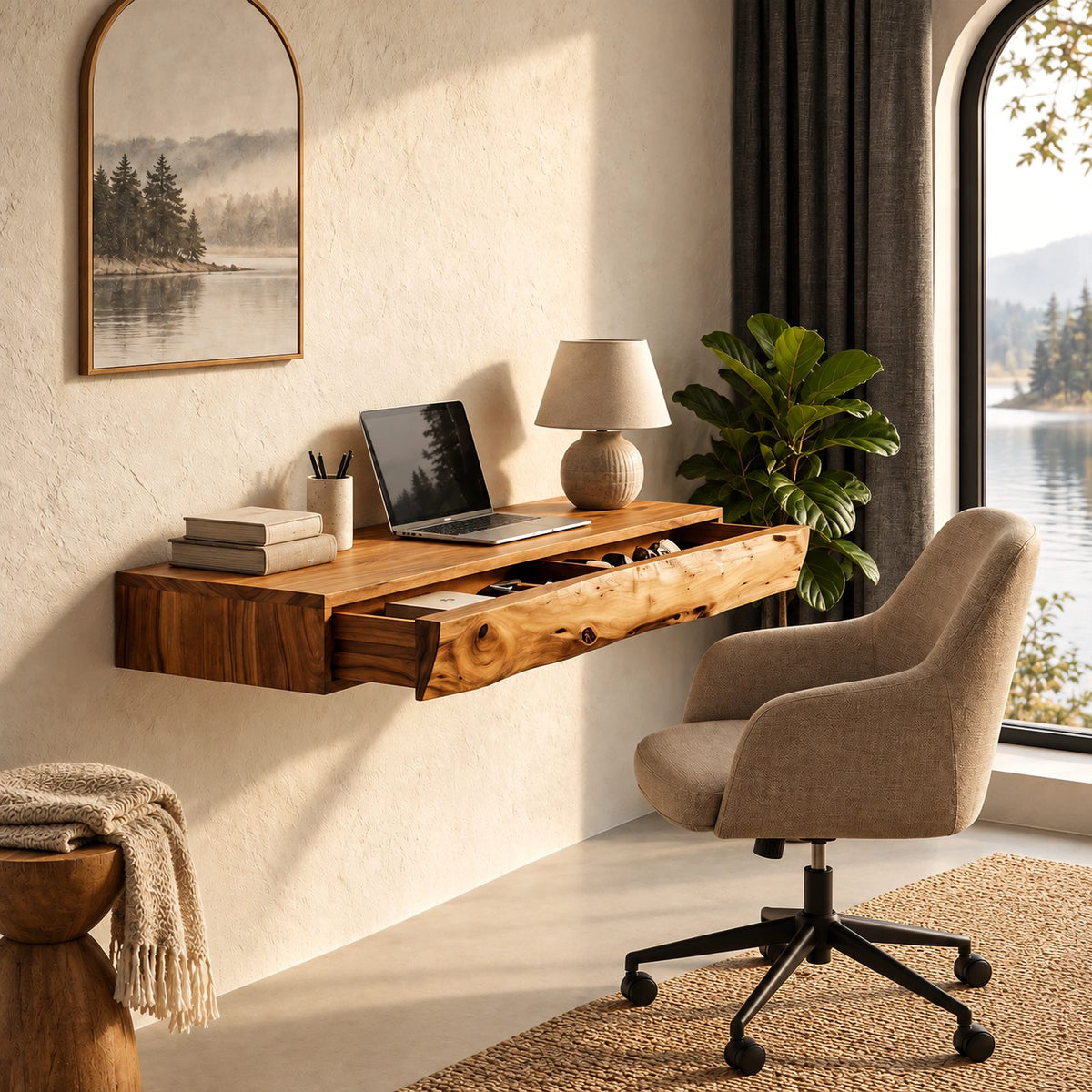Mid Century Floating Desk With Live Edge Drawer Front For Home Office