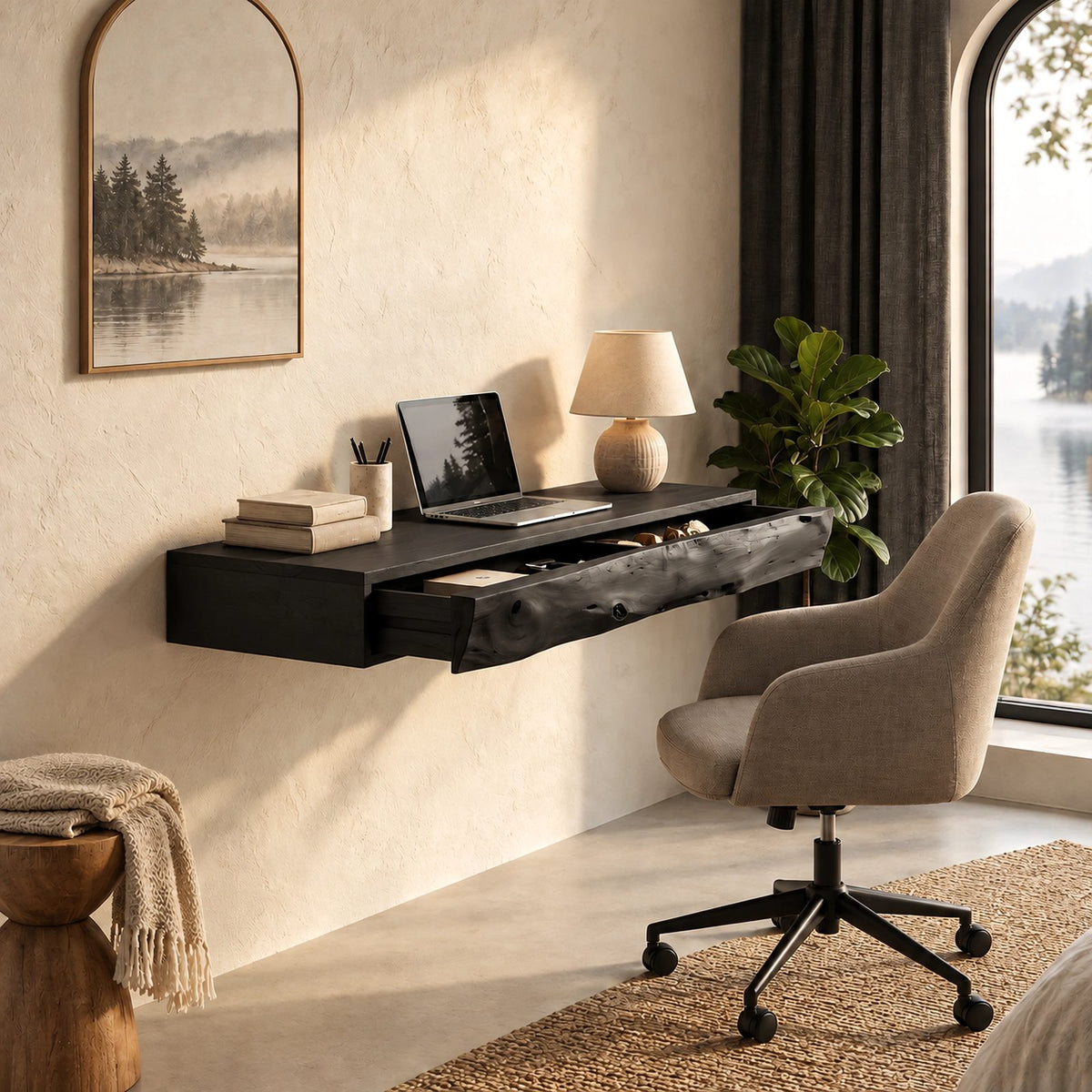 Mid Century Floating Desk With Live Edge Drawer Front For Home Office