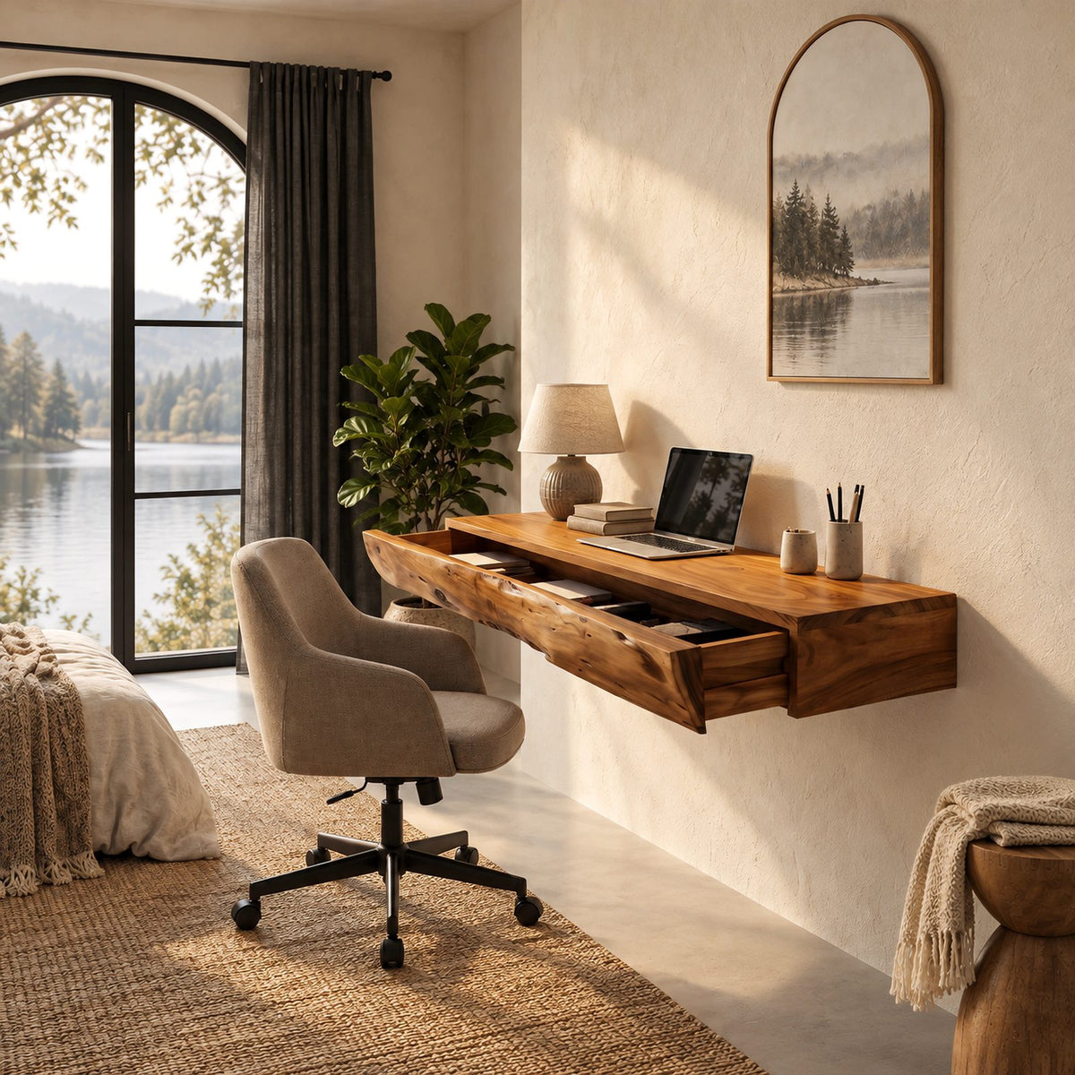 Mid Century Floating Desk With Live Edge Drawer Front For Home Office