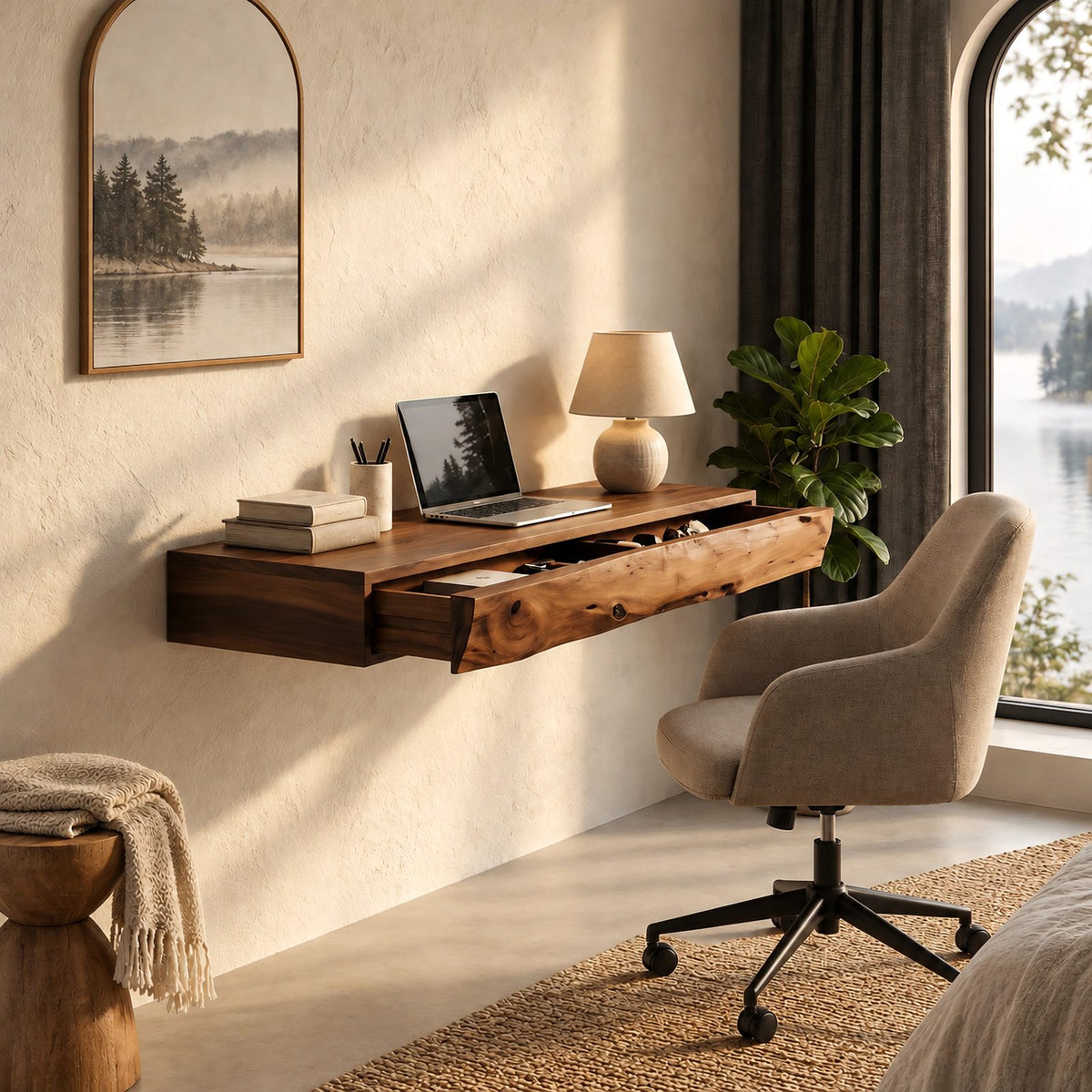 Mid Century Floating Desk With Live Edge Drawer Front For Home Office