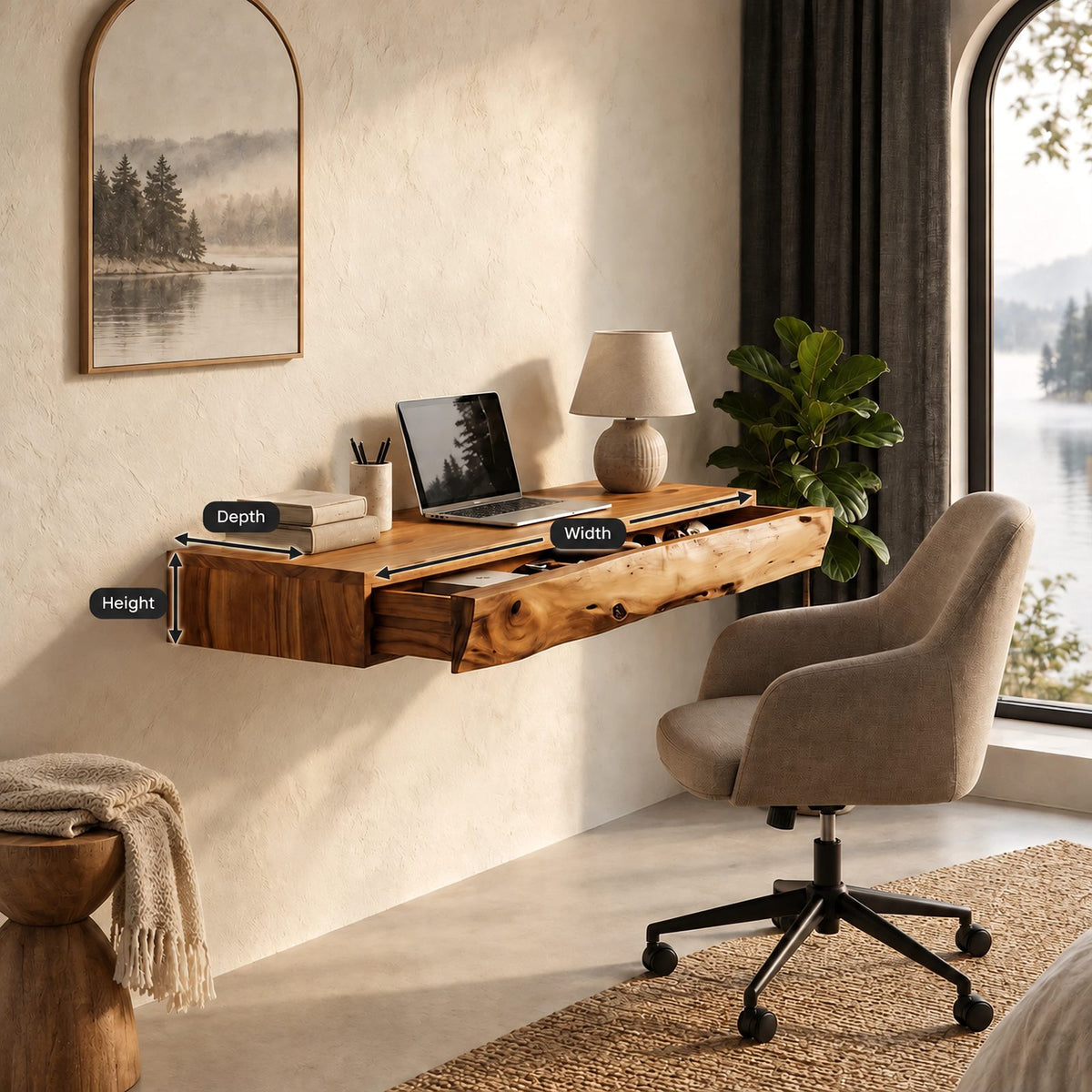 Mid Century Floating Desk With Live Edge Drawer Front For Home Office