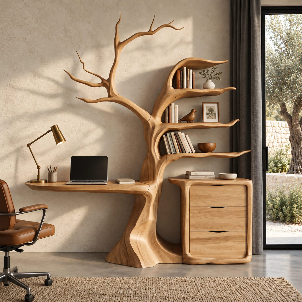 Sculptural Tree Bookshelf Floating Desk With Drawer Cabinet For Home Office