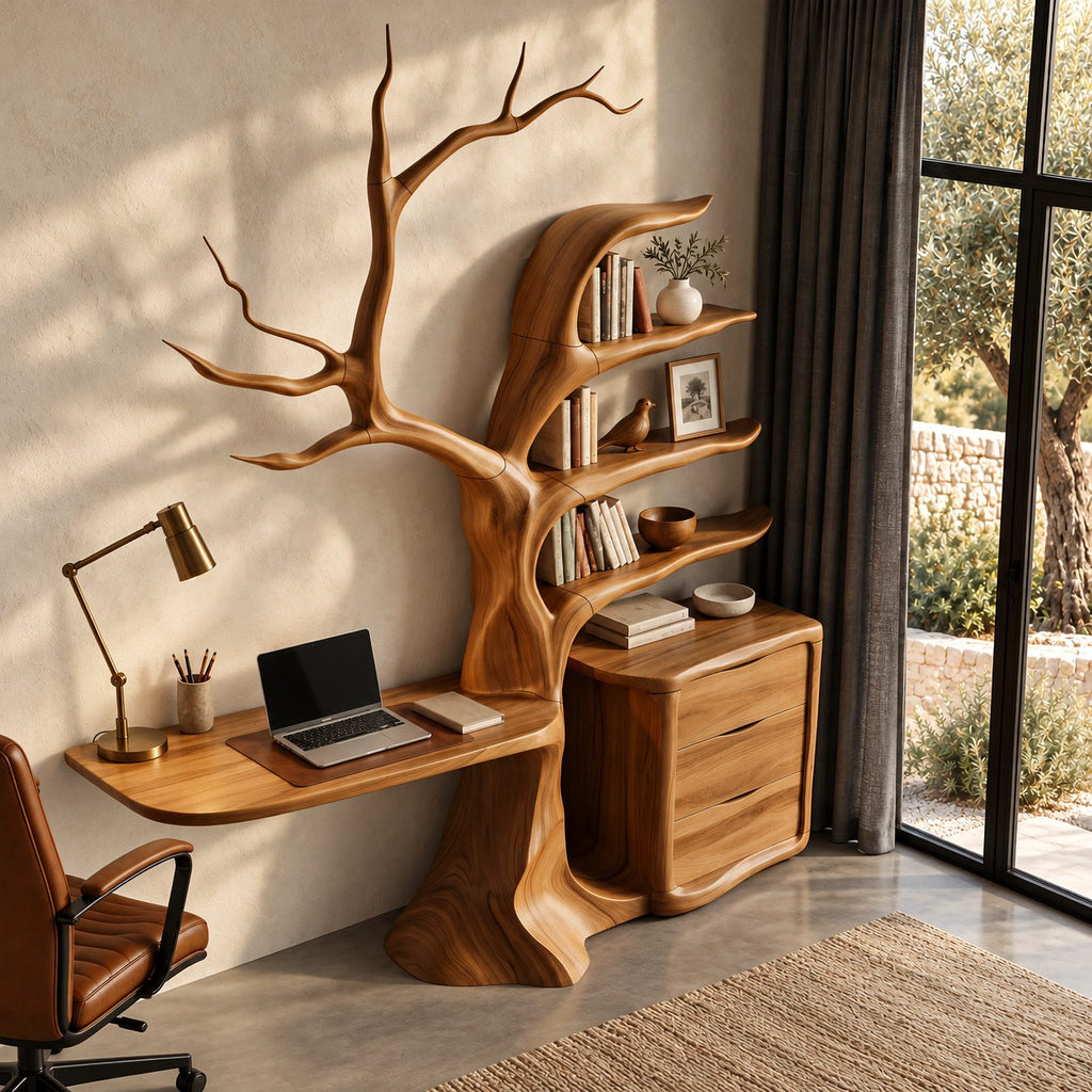 Sculptural Tree Bookshelf Floating Desk With Drawer Cabinet For Home Office