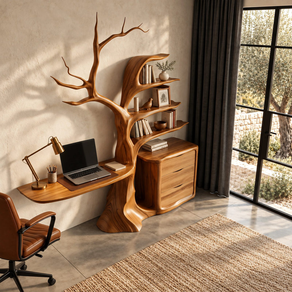 Sculptural Tree Bookshelf Floating Desk With Drawer Cabinet For Home Office
