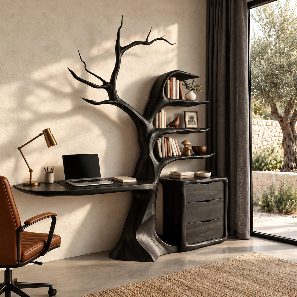 Sculptural Tree Bookshelf Floating Desk With Drawer Cabinet For Home Office