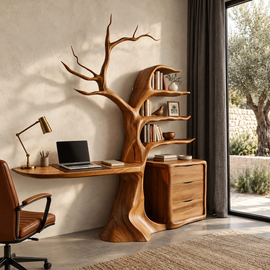 Sculptural Tree Bookshelf Floating Desk With Drawer Cabinet For Home Office