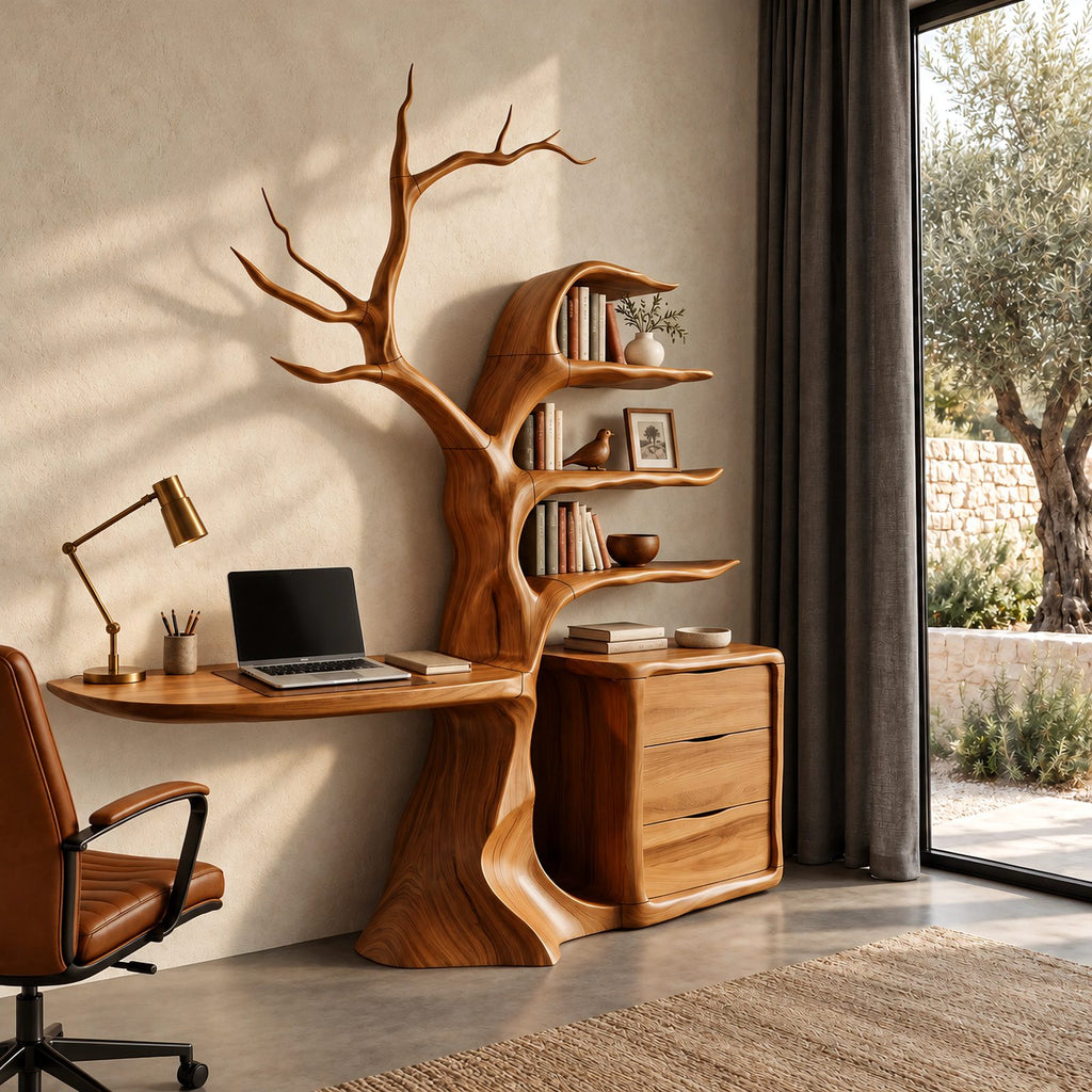 Sculptural Tree Bookshelf Floating Desk With Drawer Cabinet For Home Office