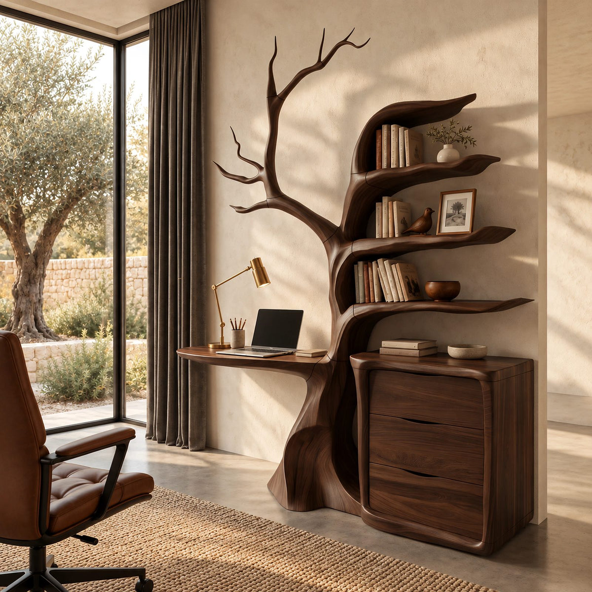Sculptural Tree Bookshelf Floating Desk With Drawer Cabinet For Home Office