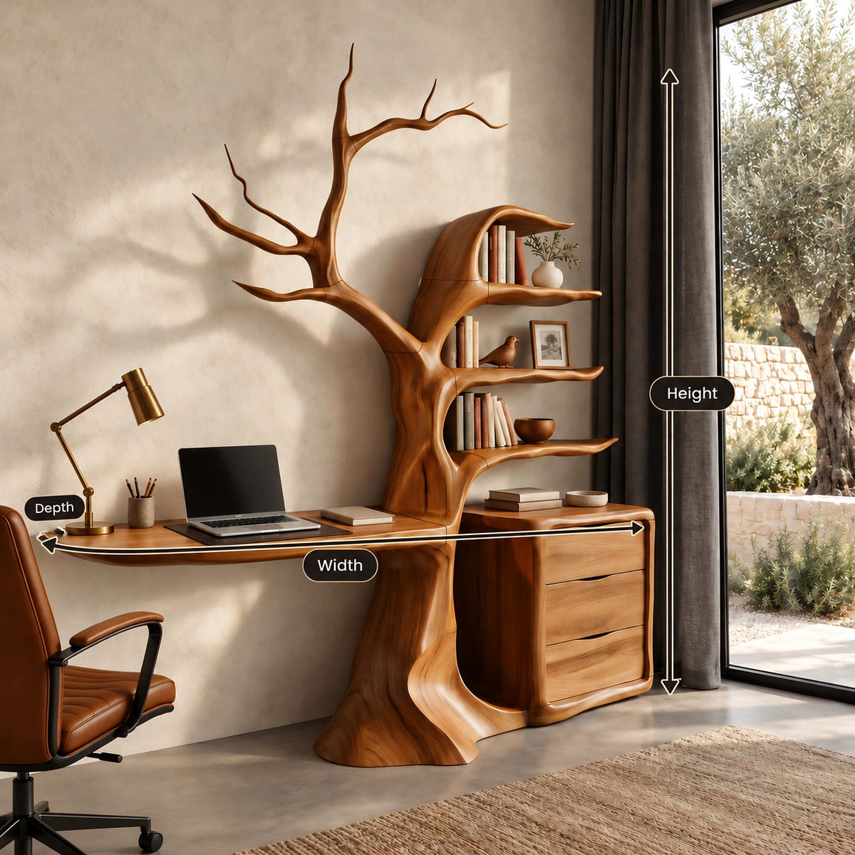 Sculptural Tree Bookshelf Floating Desk With Drawer Cabinet For Home Office