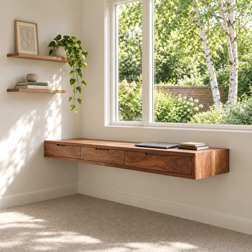 Modern Solid Wood Floating Desk With 3 Drawers For Home Office