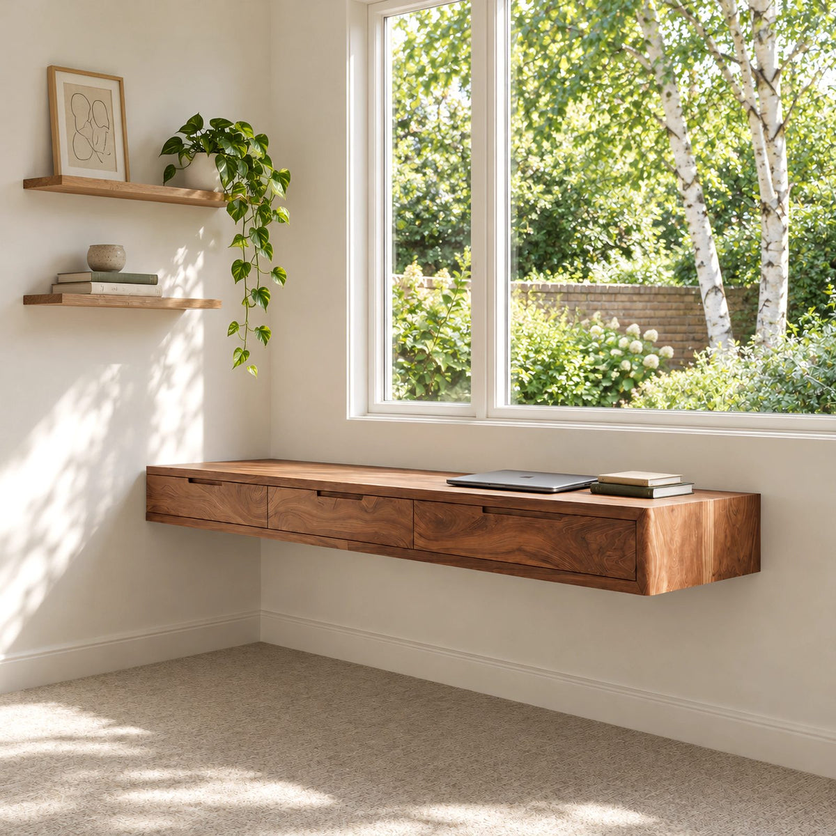 Modern Solid Wood Floating Desk With 3 Drawers For Home Office