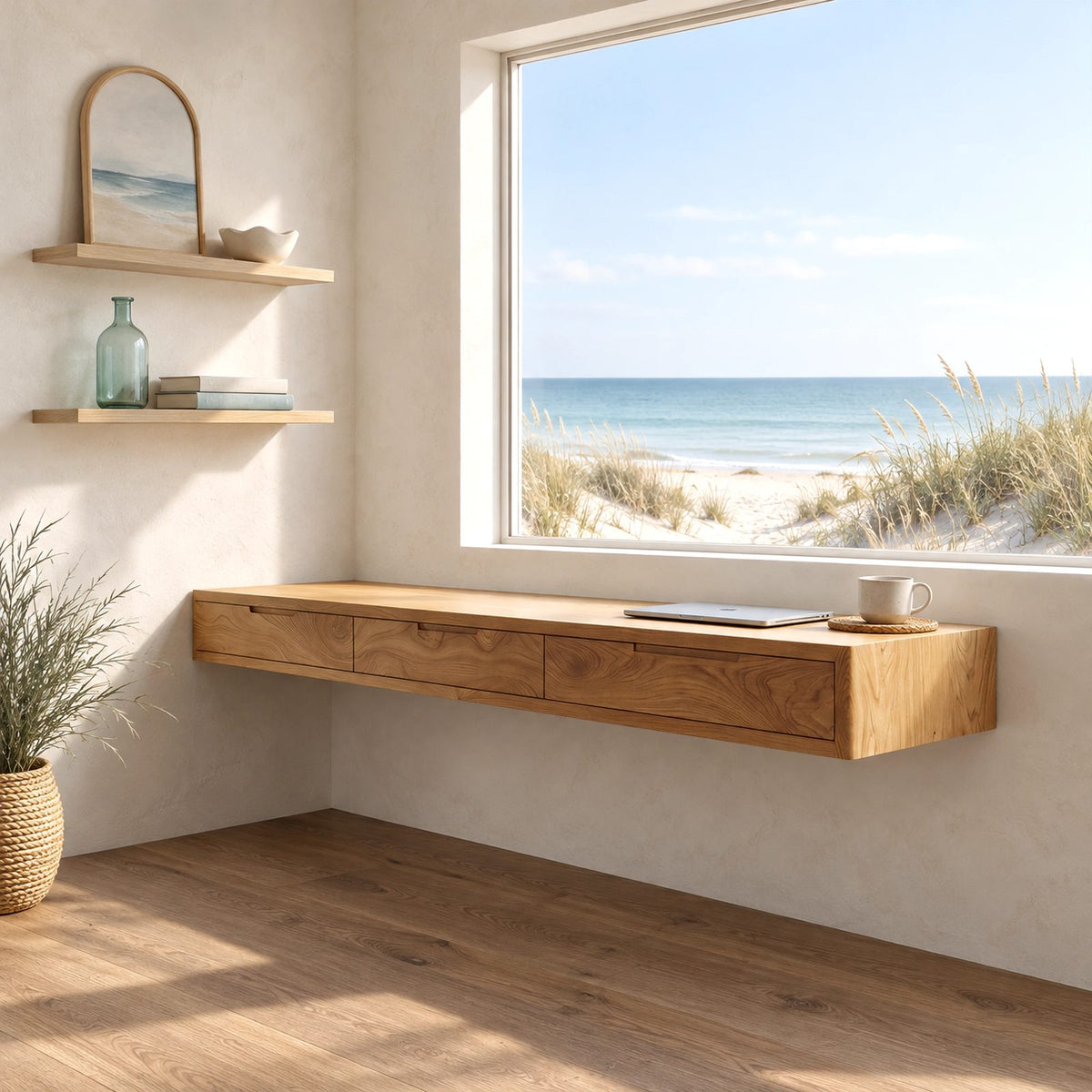 Modern Solid Wood Floating Desk With 3 Drawers For Home Office