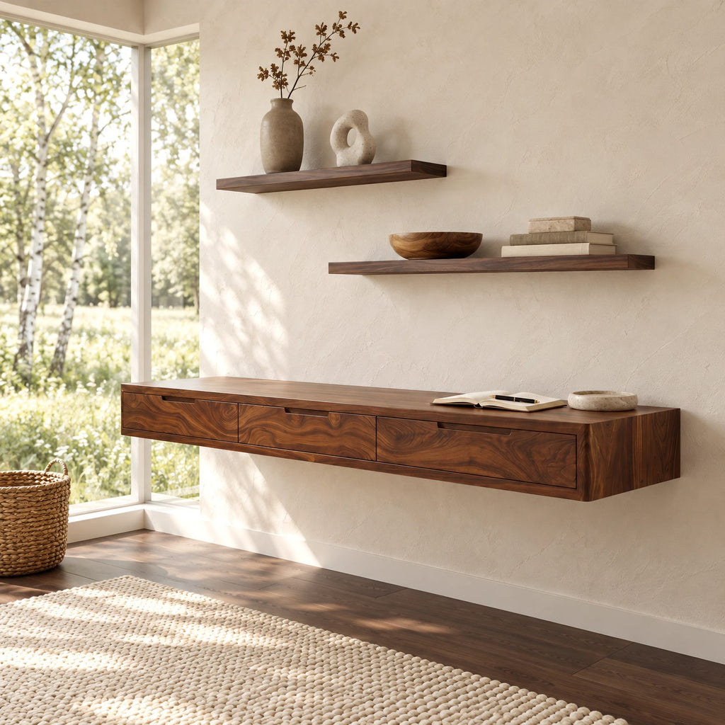 Modern Solid Wood Floating Desk With 3 Drawers For Home Office