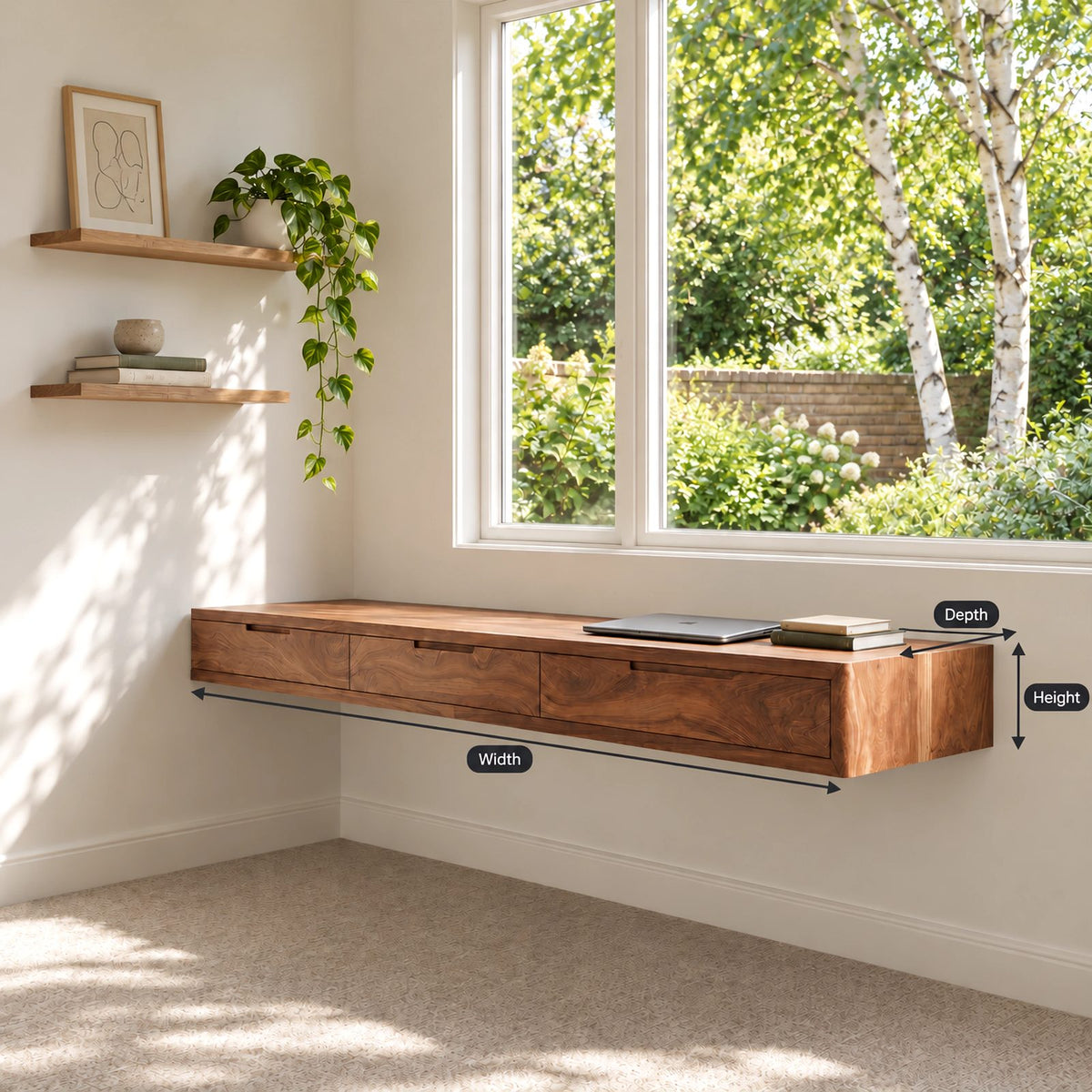 Modern Solid Wood Floating Desk With 3 Drawers For Home Office