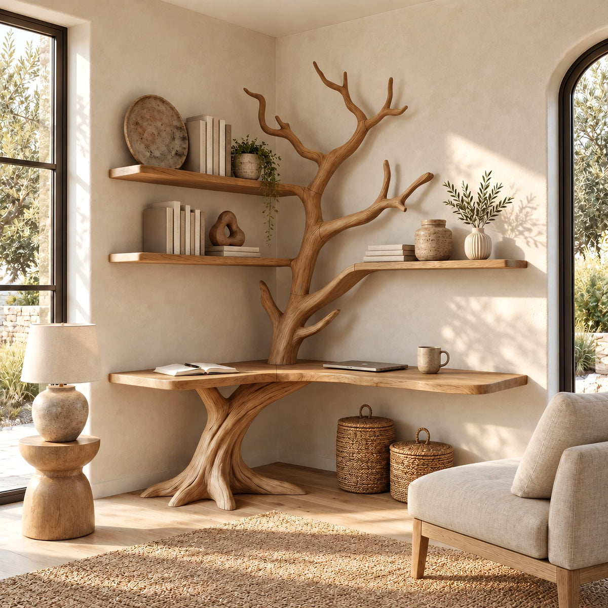 Organic L Shaped Corner Tree Desk With Branch Shelves For Home Office