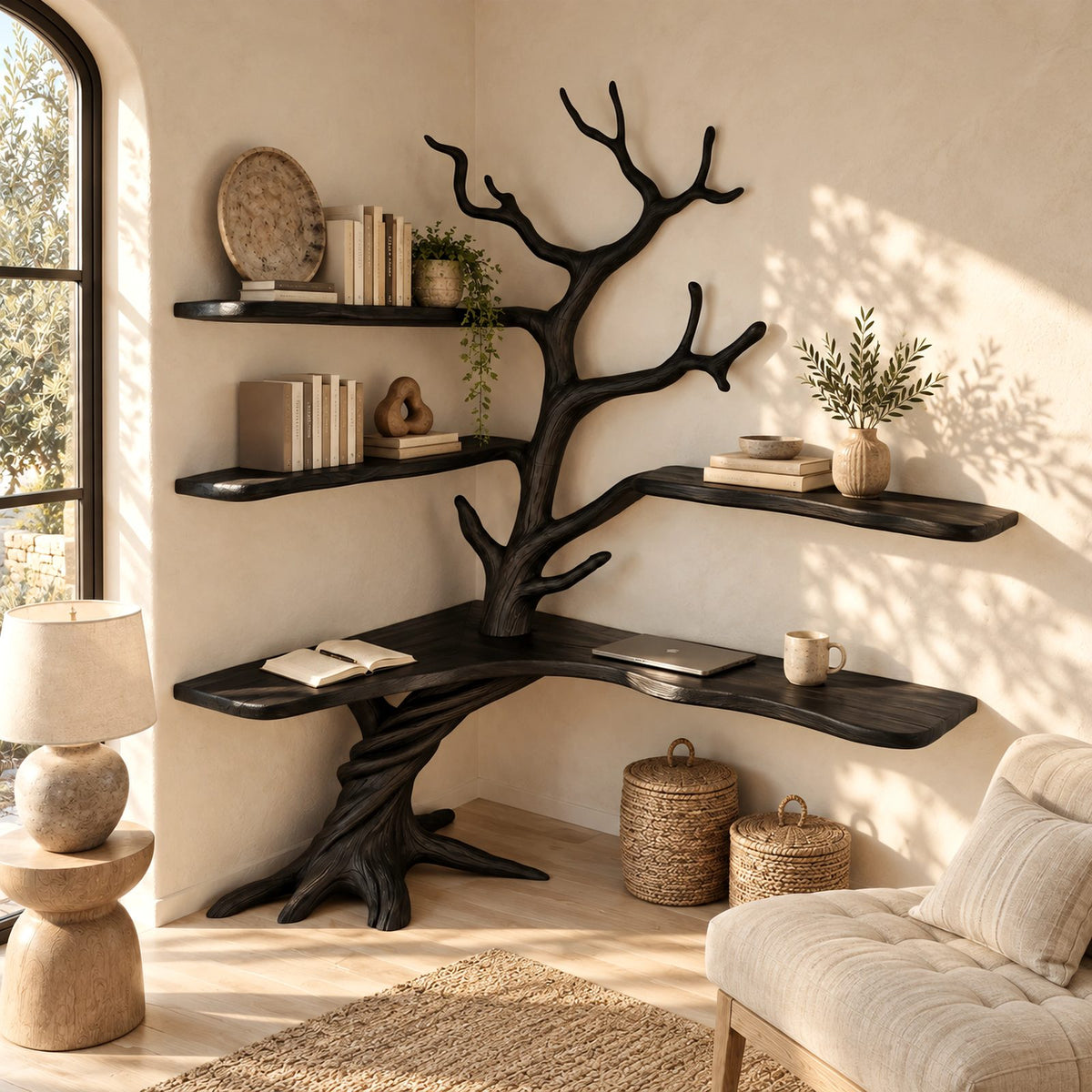 Organic L Shaped Corner Tree Desk With Branch Shelves For Home Office