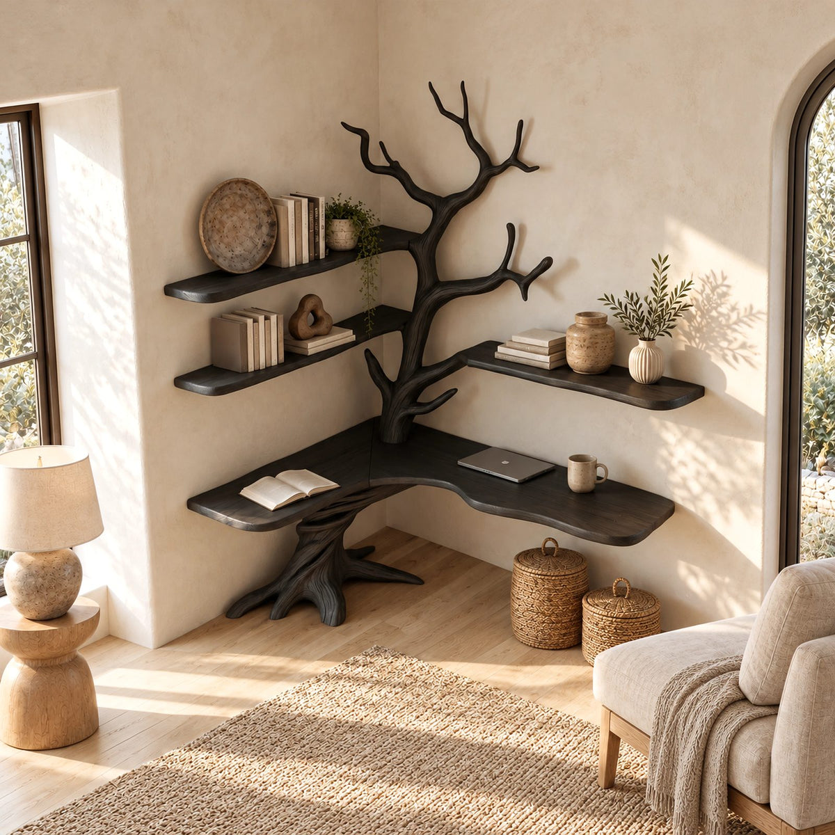 Organic L Shaped Corner Tree Desk With Branch Shelves For Home Office