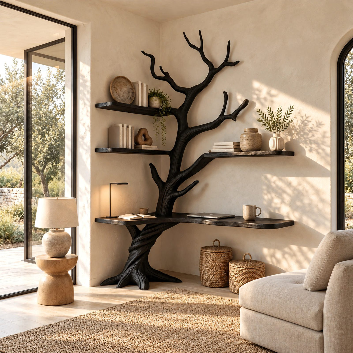 Organic L Shaped Corner Tree Desk With Branch Shelves For Home Office