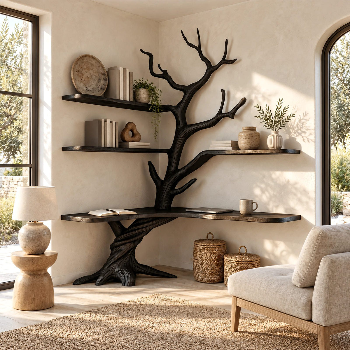 Organic L Shaped Corner Tree Desk With Branch Shelves For Home Office