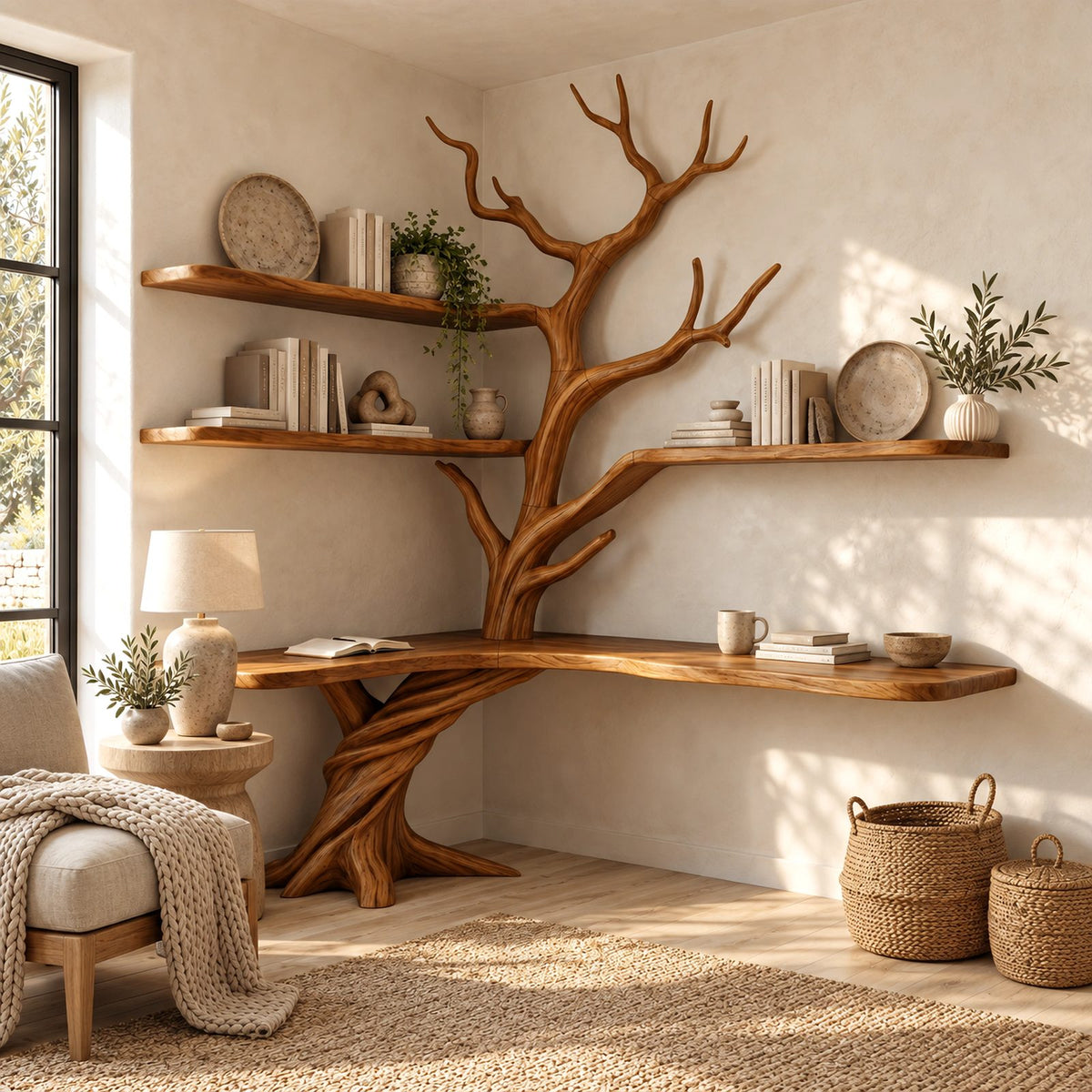 Organic L Shaped Corner Tree Desk With Branch Shelves For Home Office