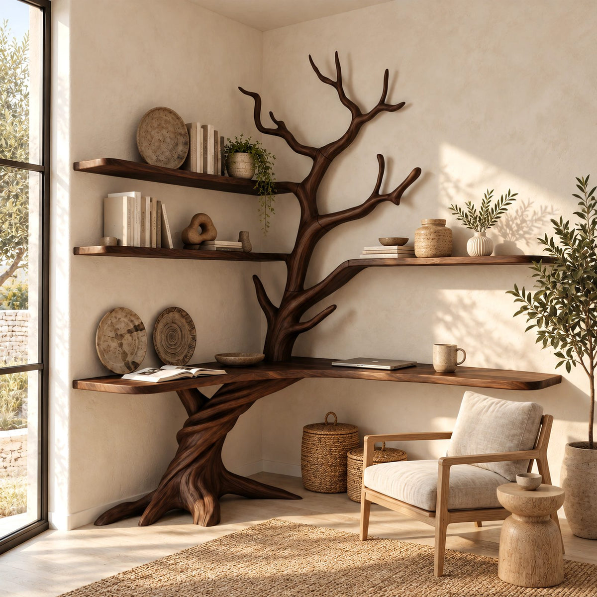 Organic L Shaped Corner Tree Desk With Branch Shelves For Home Office