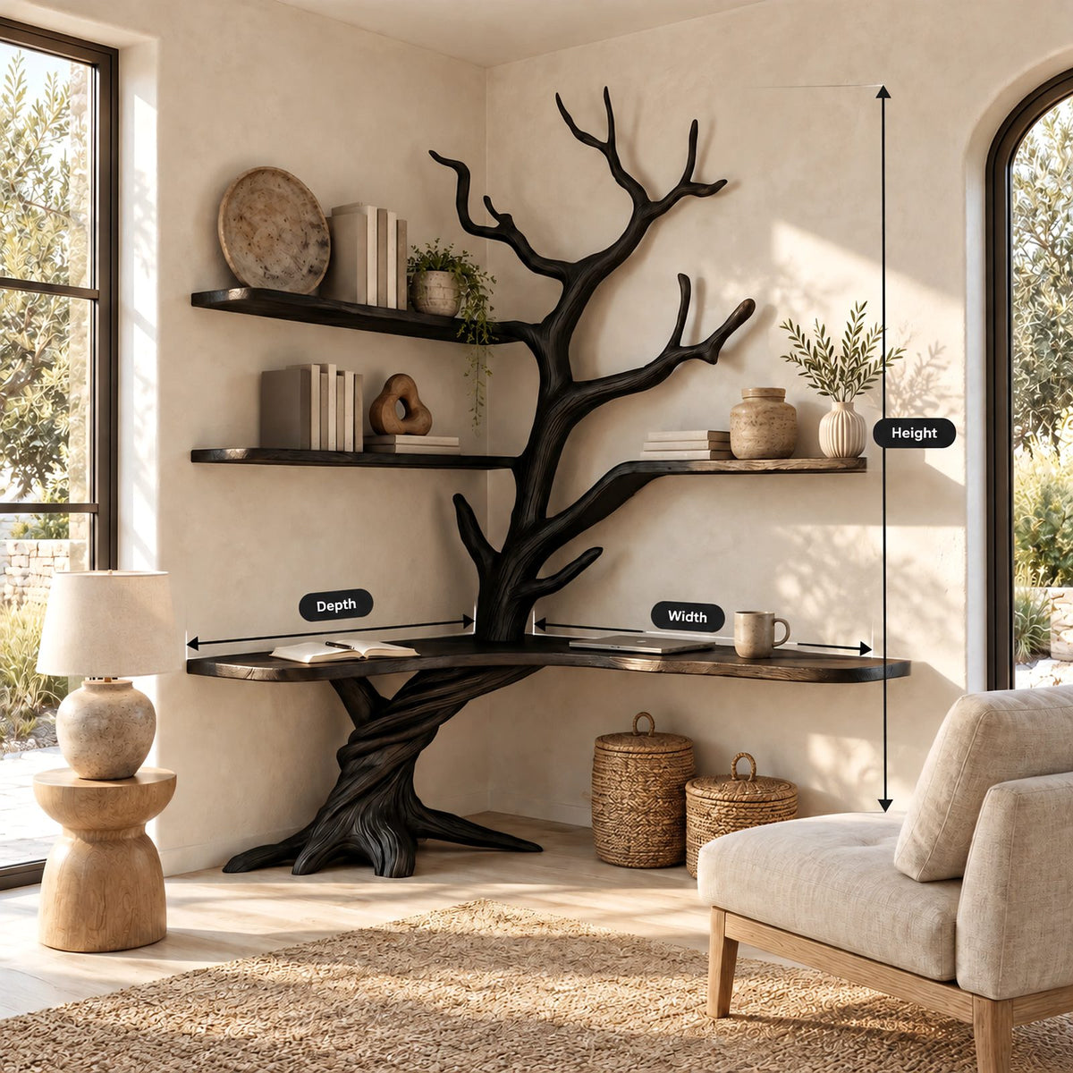 Organic L Shaped Corner Tree Desk With Branch Shelves For Home Office