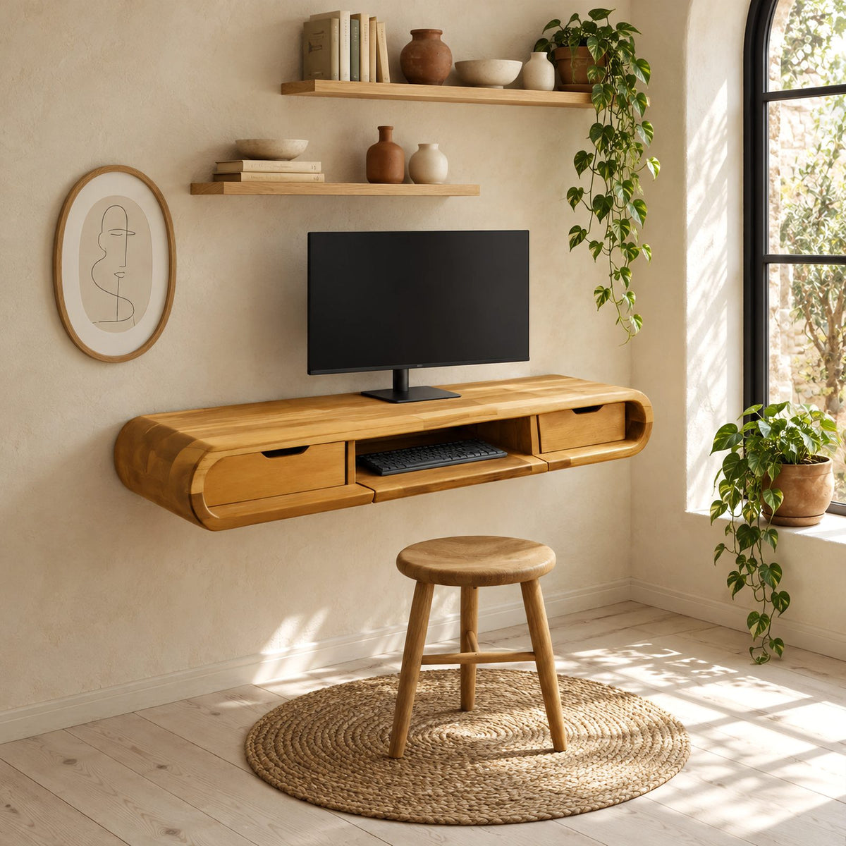 Mid Century Rounded Floating Desk With Keyboard Shelf For Bedroom