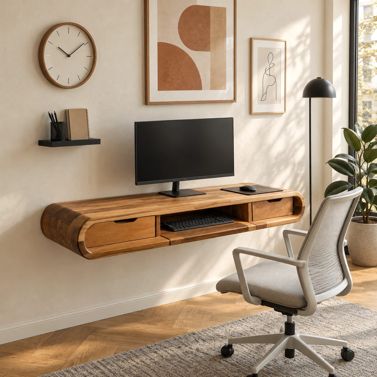 Mid Century Rounded Floating Desk With Keyboard Shelf For Bedroom