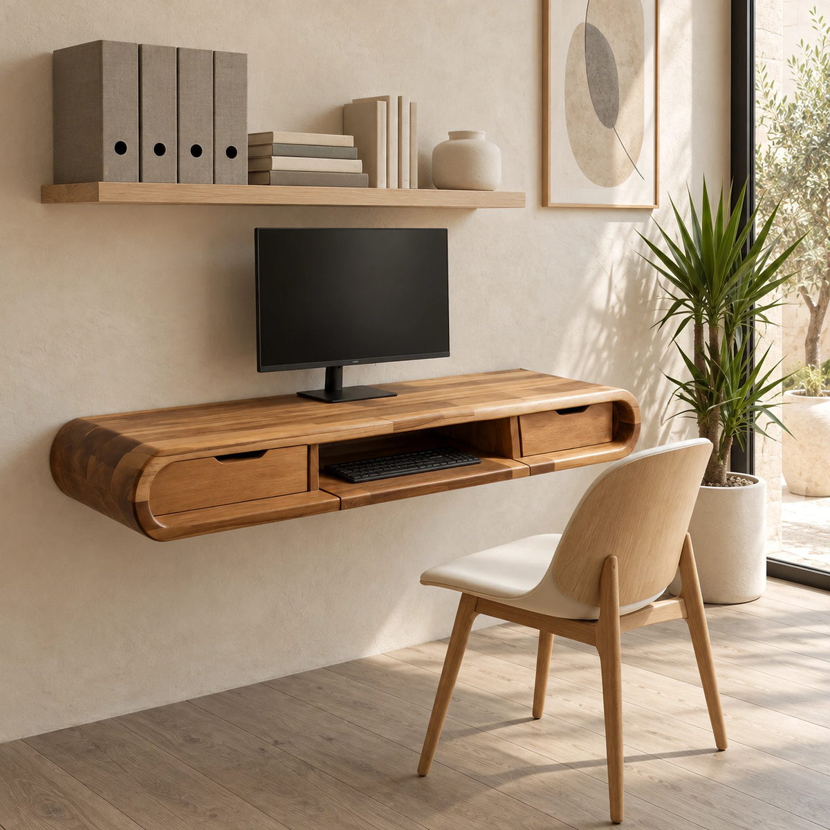 Mid Century Rounded Floating Desk With Keyboard Shelf For Bedroom