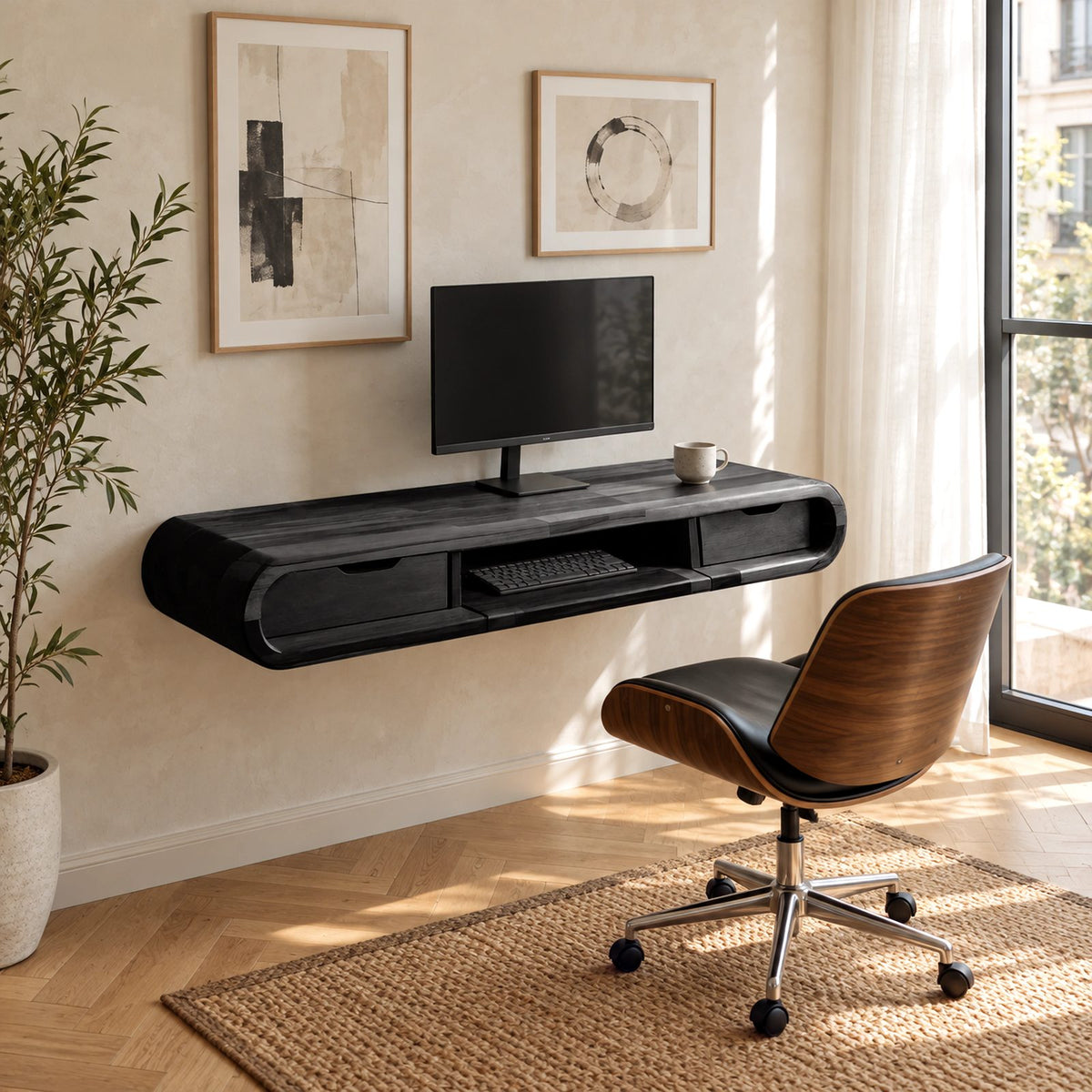 Mid Century Rounded Floating Desk With Keyboard Shelf For Bedroom